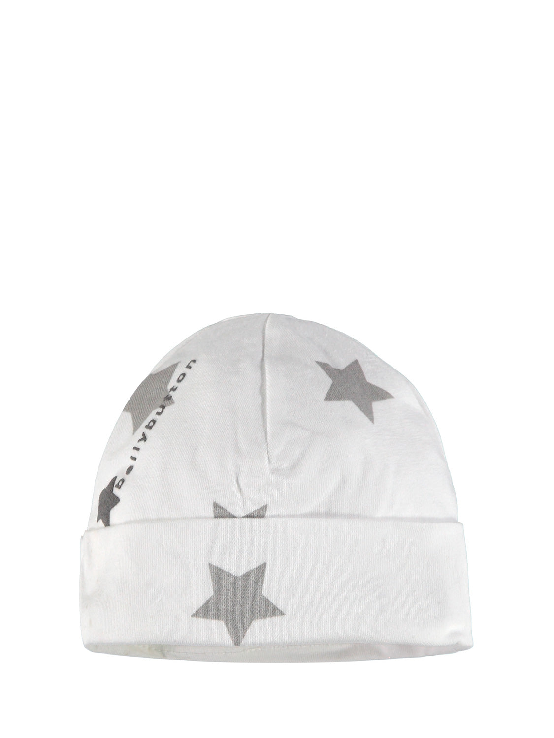 Beanie Schrof Special Weiß: Weiche, weiße Strickmütze mit grauen Sternen, ideal für Babys oder Kleinkinder. Umgeschlagener Rand für extra Komfort.