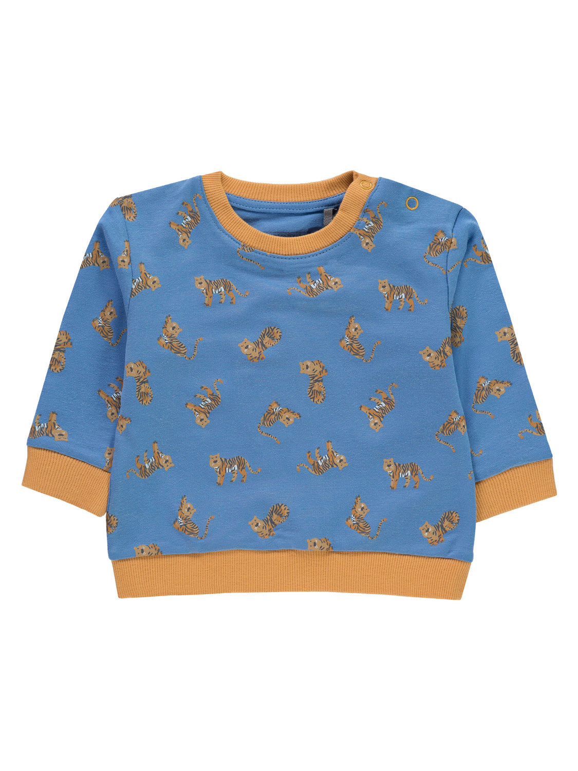 Sweatshirt Blau: Langarm-Kinderpullover mit Cartoon-Tiger-Muster und Senfgelb-Rippbündchen, Schulter-Druckknopf für einfaches Anziehen. Perfekt für stilvolle Kindermode von bellybutton.
