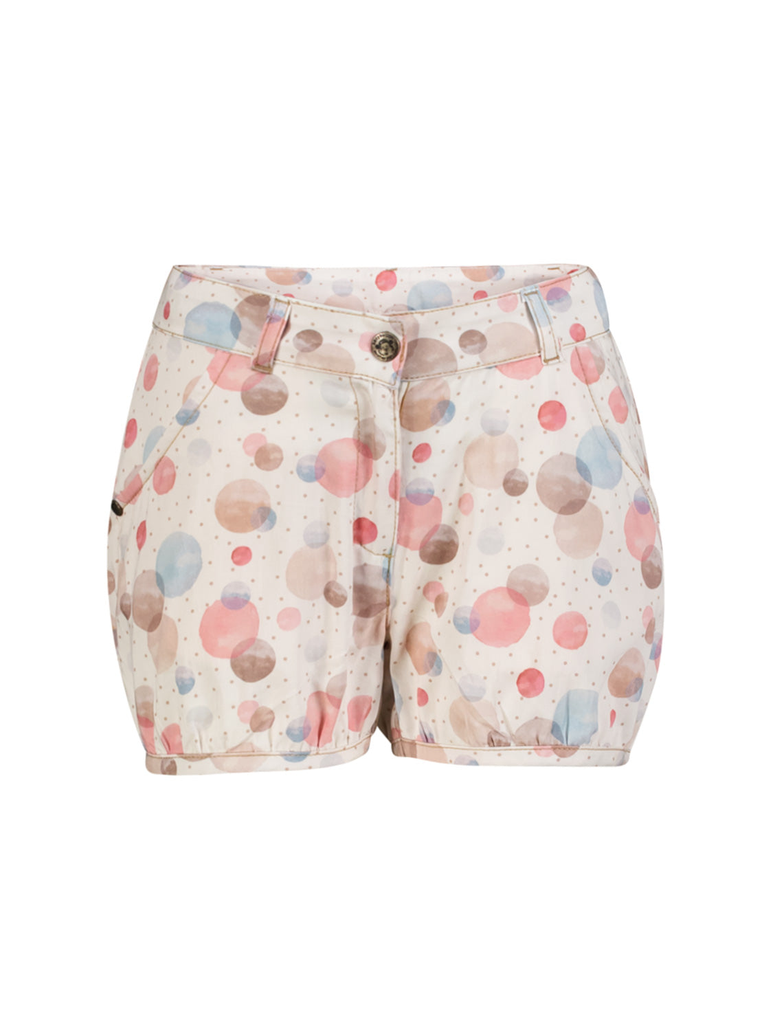 Shorts Cremeweiß: Damen-Casual-Shorts mit pastellfarbenen Aquarellpunkten, Frontknopf, Reißverschluss, Gürtelschlaufen und Seitentaschen, ideal für lässige Sommeroutfits.
