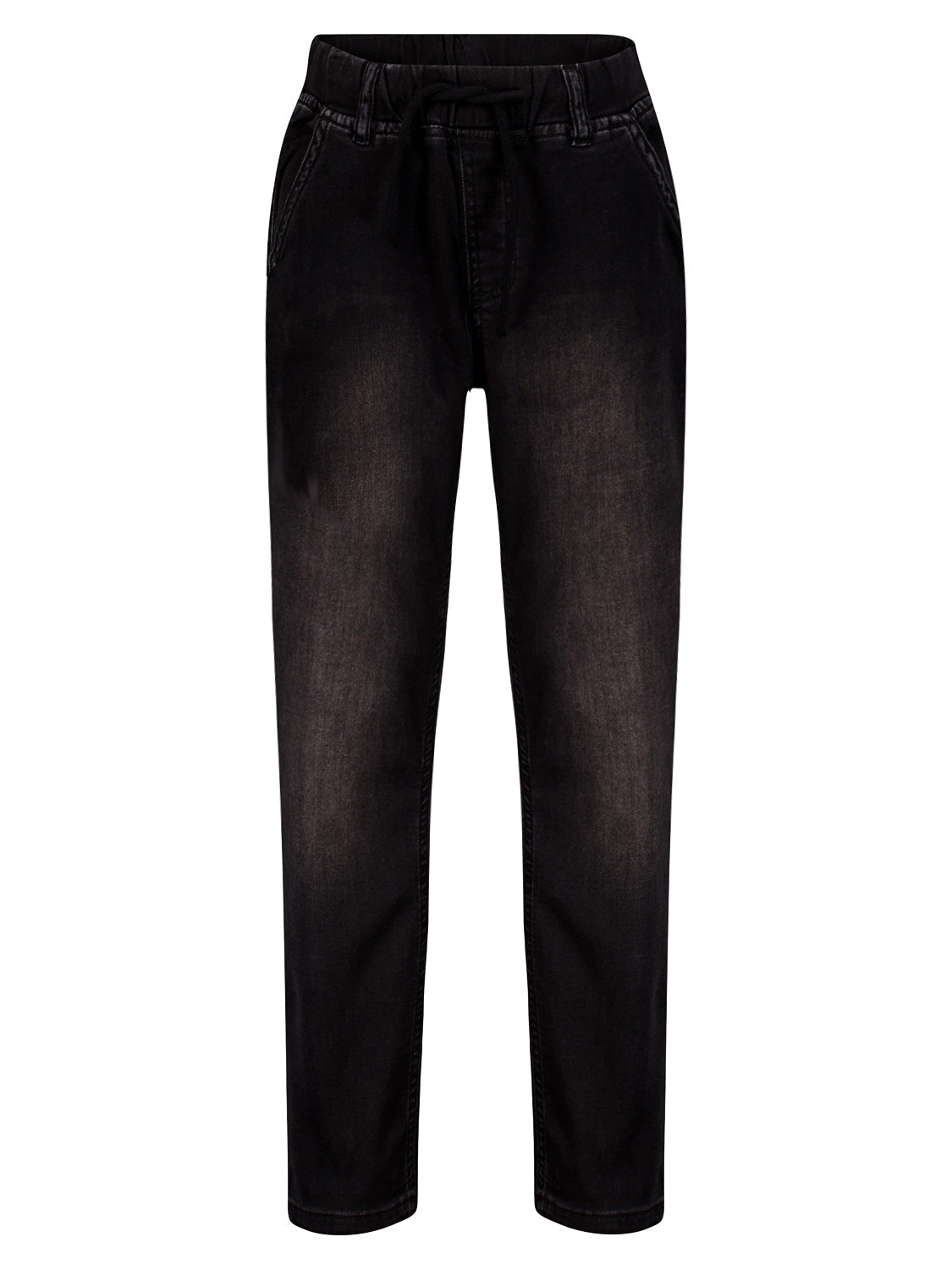 Jeans Schwarz: Lässige schwarze Denim-Jogger mit elastischem Bund, Kordelzug und Seitentaschen. Ideal für stilvolle, bequeme Looks, passend zum Angebot von bellybutton.