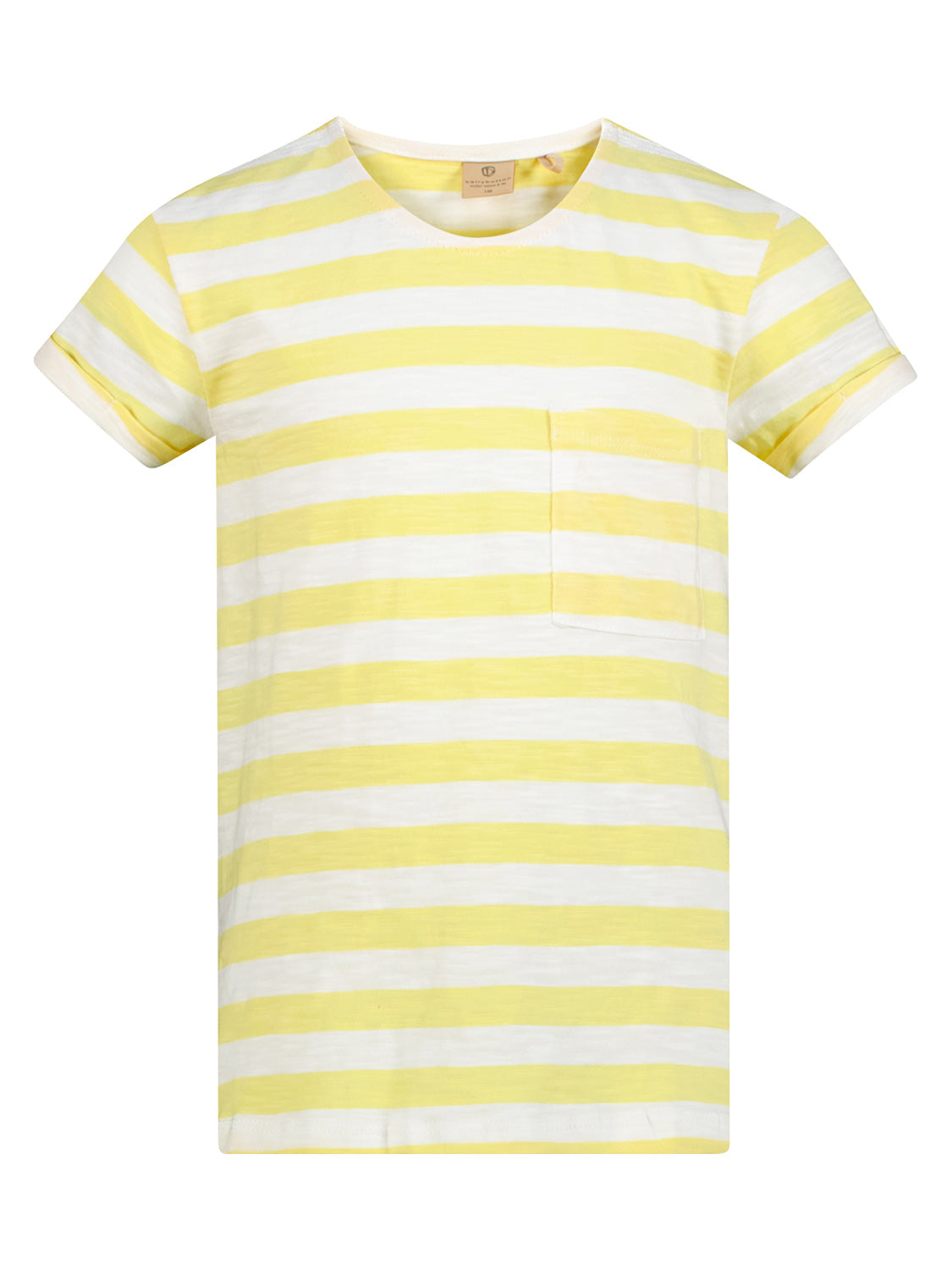 T-Shirt Gelb mit kurzen Ärmeln und Rundhalsausschnitt, gelb-weiße Streifen und kleine Brusttasche, ideal für modische Kinderkleidung bei bellybutton.