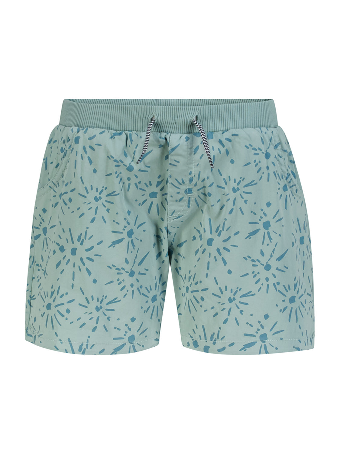 Shorts Türkis: Jungen-Badeshorts mit abstraktem, dunkelteal Sonnenmotiv, breitem geripptem Bund und zweifarbiger Kordel, seitliche Taschen. Perfekt für stilvolle Schwimmabenteuer.