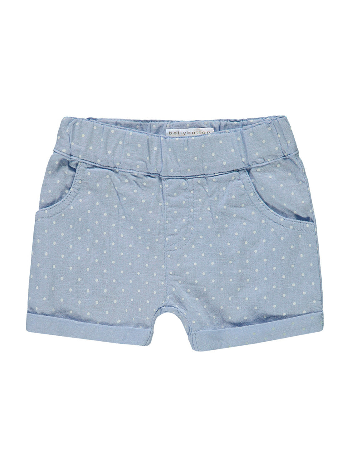 Sweatshorts Hellblau für Kinder mit weißen Pünktchen, elastischem Bund, Taschen, umgeschlagenem Saum und bellybutton-Label am Rückenbund. Perfekt für bequeme und stilvolle Kinderoutfits.