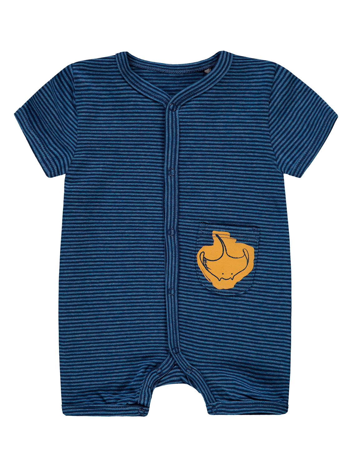 Strampler Marineblau: Kurzarm-Body mit Marine- und Hellblau-Streifen, Druckknöpfen vorn, kleiner Tasche mit orangefarbenem Tiermotiv. Ideal für stilvolle Babymode bei bellybutton.