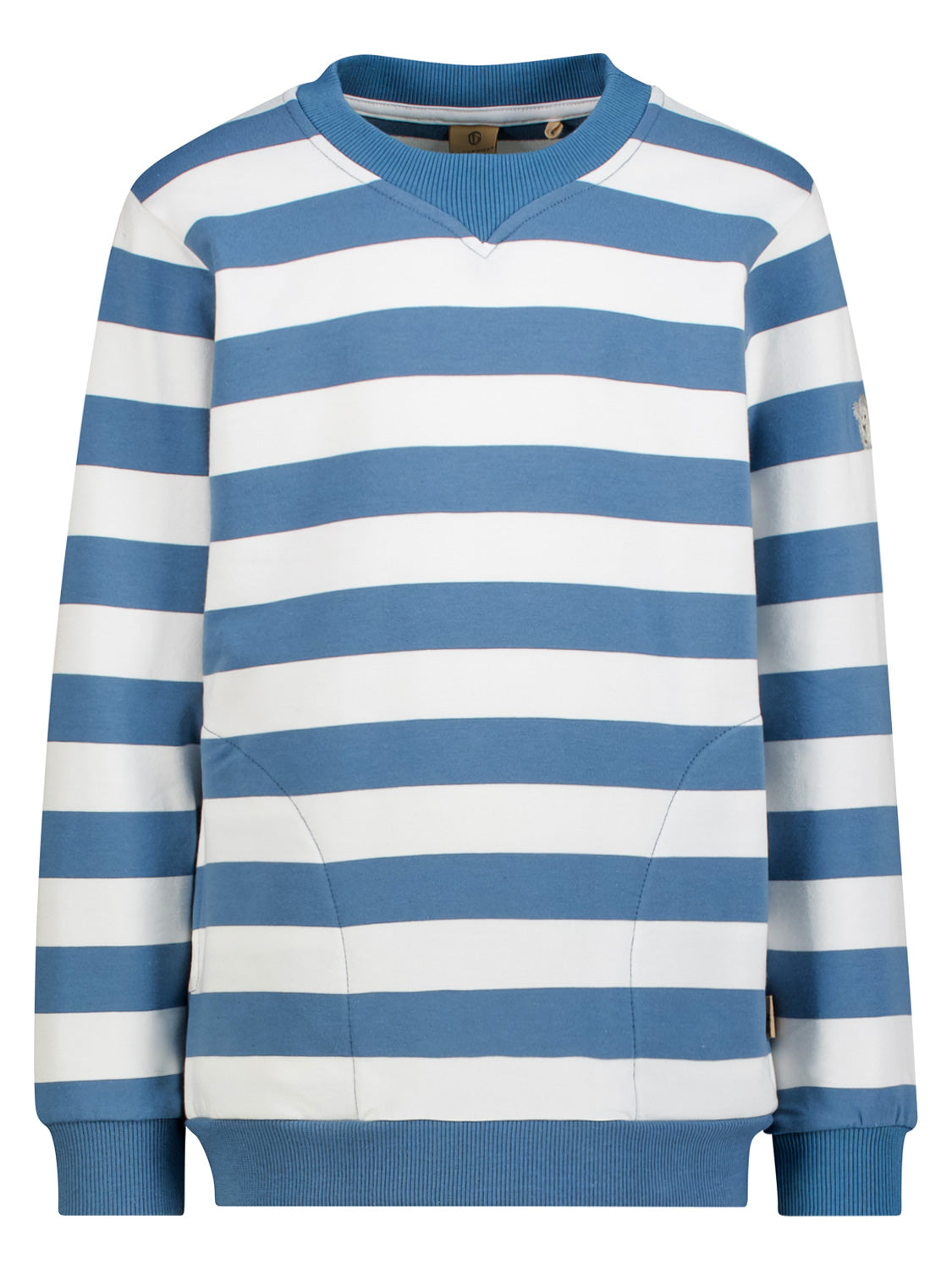 Sweatshirt Weiß mit langen Ärmeln und breiten Streifen. Es hat gerippte Bündchen und Saum sowie eine dezente Naht als Taschenoptik vorne.