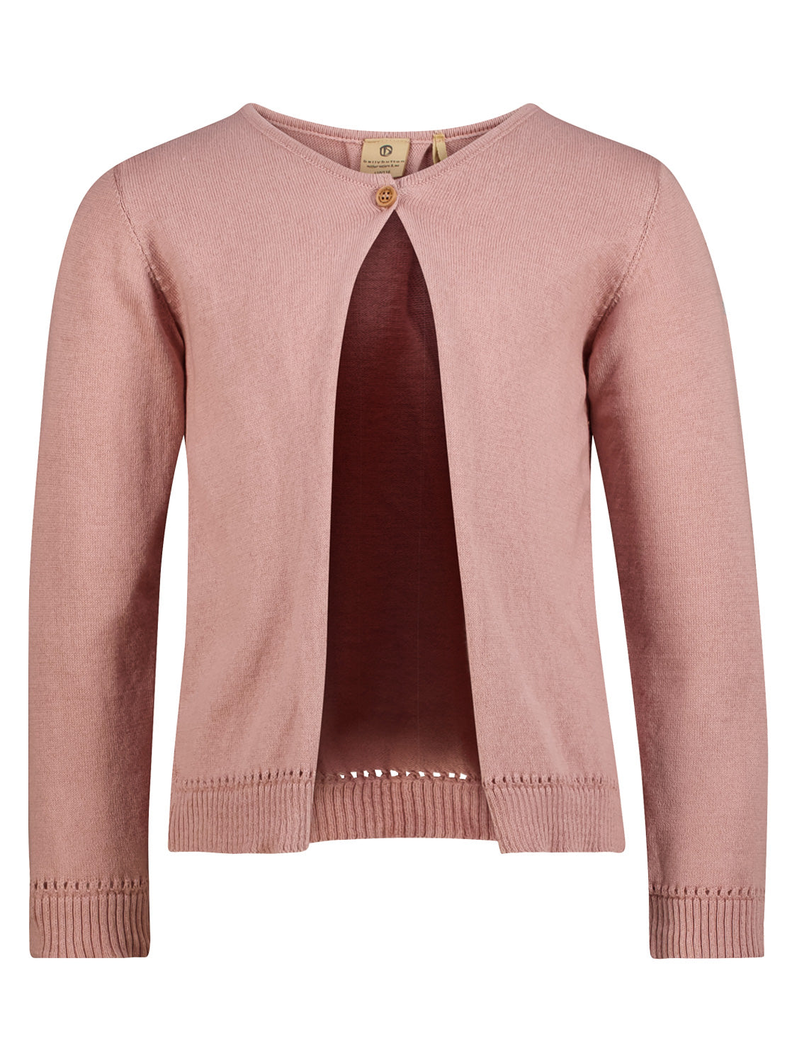 Strickjacke Rosa: Leichte, langärmlige Strickjacke mit rundem Ausschnitt, einem oberen Knopfverschluss und gerippten Abschlüssen, ideal für stilvolle und bequeme Babymode.