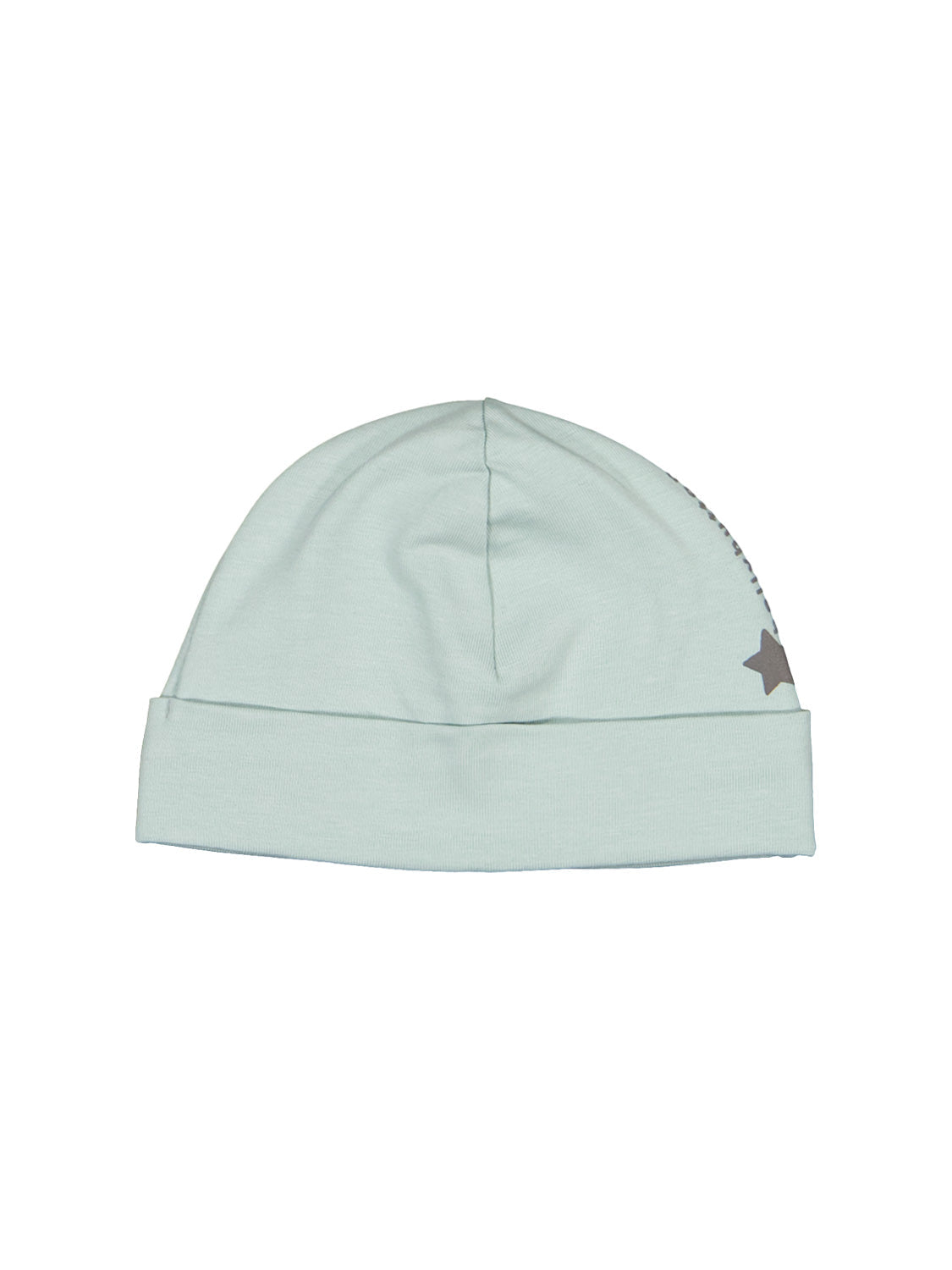 Beanie Mintgrün: Weiche, mintgrüne Baby-Strickmütze mit umgeschlagenem Bund und kleinem Sternmotiv an der Seite, ideal für zarte Babyhaut.