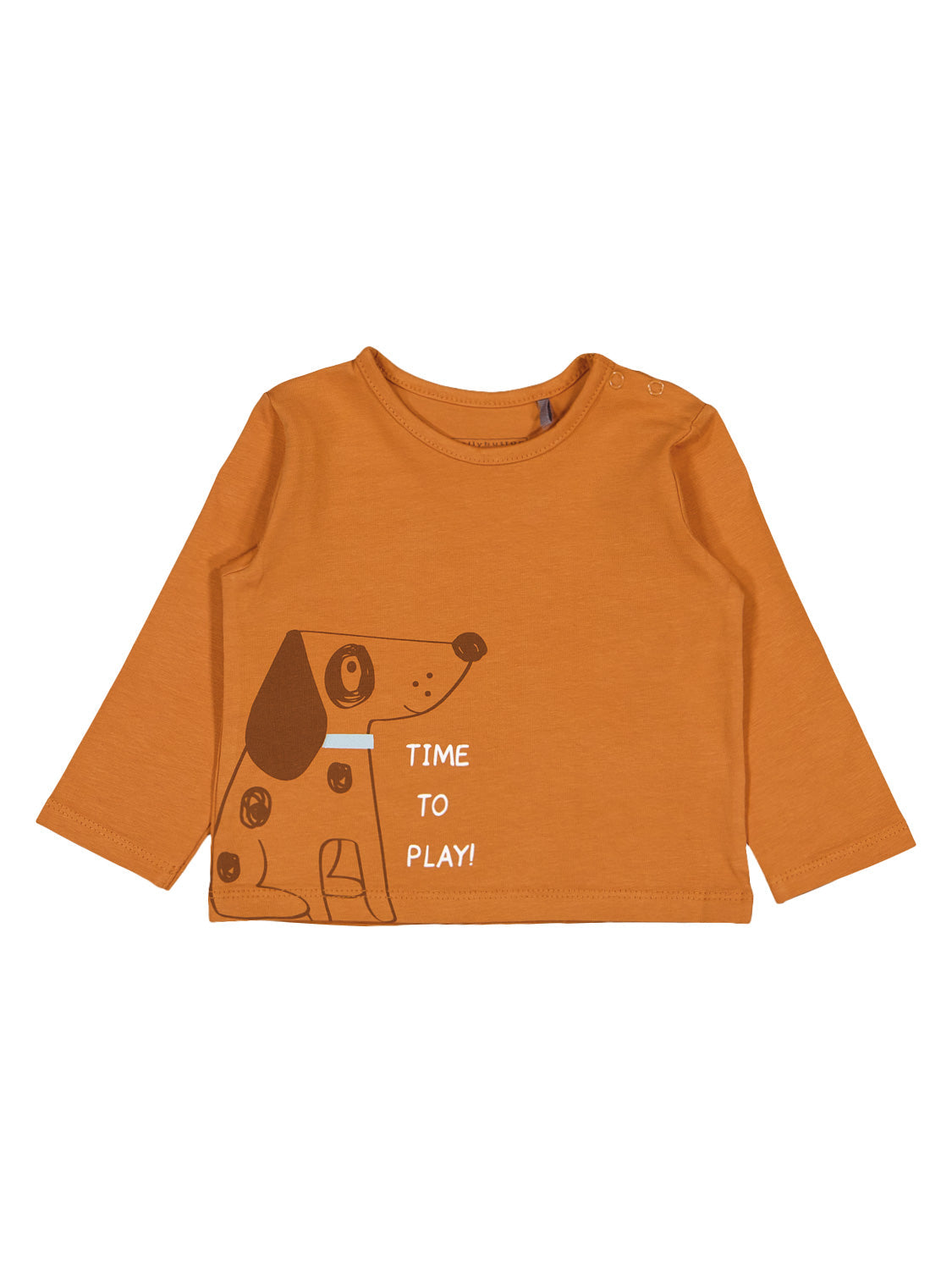 Langarmshirt Crazy Dog Camel mit Cartoon-Hund und TIME TO PLAY! auf Vorderseite, Druckknöpfe an der Schulter für einfaches Anziehen, ideal für Kinder.