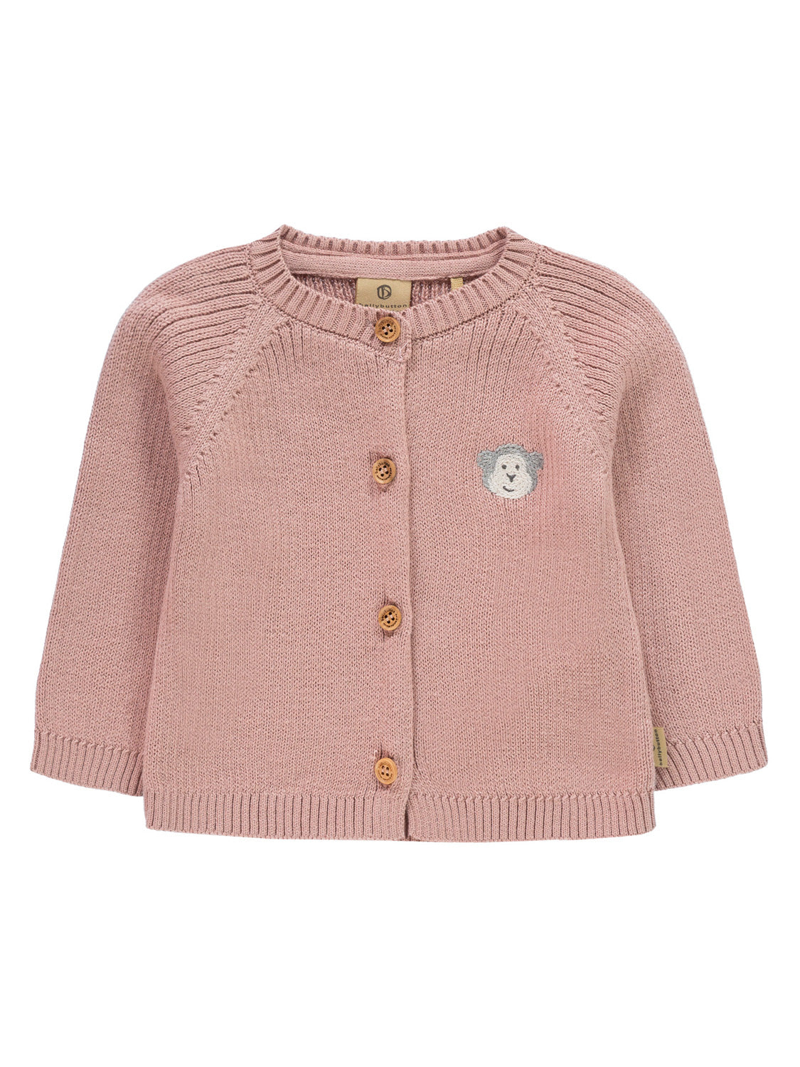 Strickjacke Rosa: Kleine, langärmelige Strickjacke in zartem Rosa mit Holzknöpfen, gerippten Abschlüssen und gesticktem Tiergesicht auf der Brust, ideal für Babys.