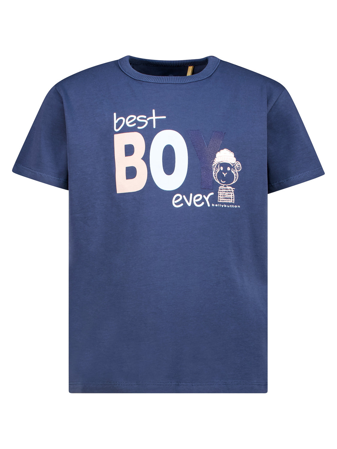 Kinder-T-Shirt Marineblau mit „best BOY ever“-Aufdruck, inklusive Cartoon mit Mütze. Markenname „bellybutton“ unten. Ideal für fröhliche Jungenmode.
