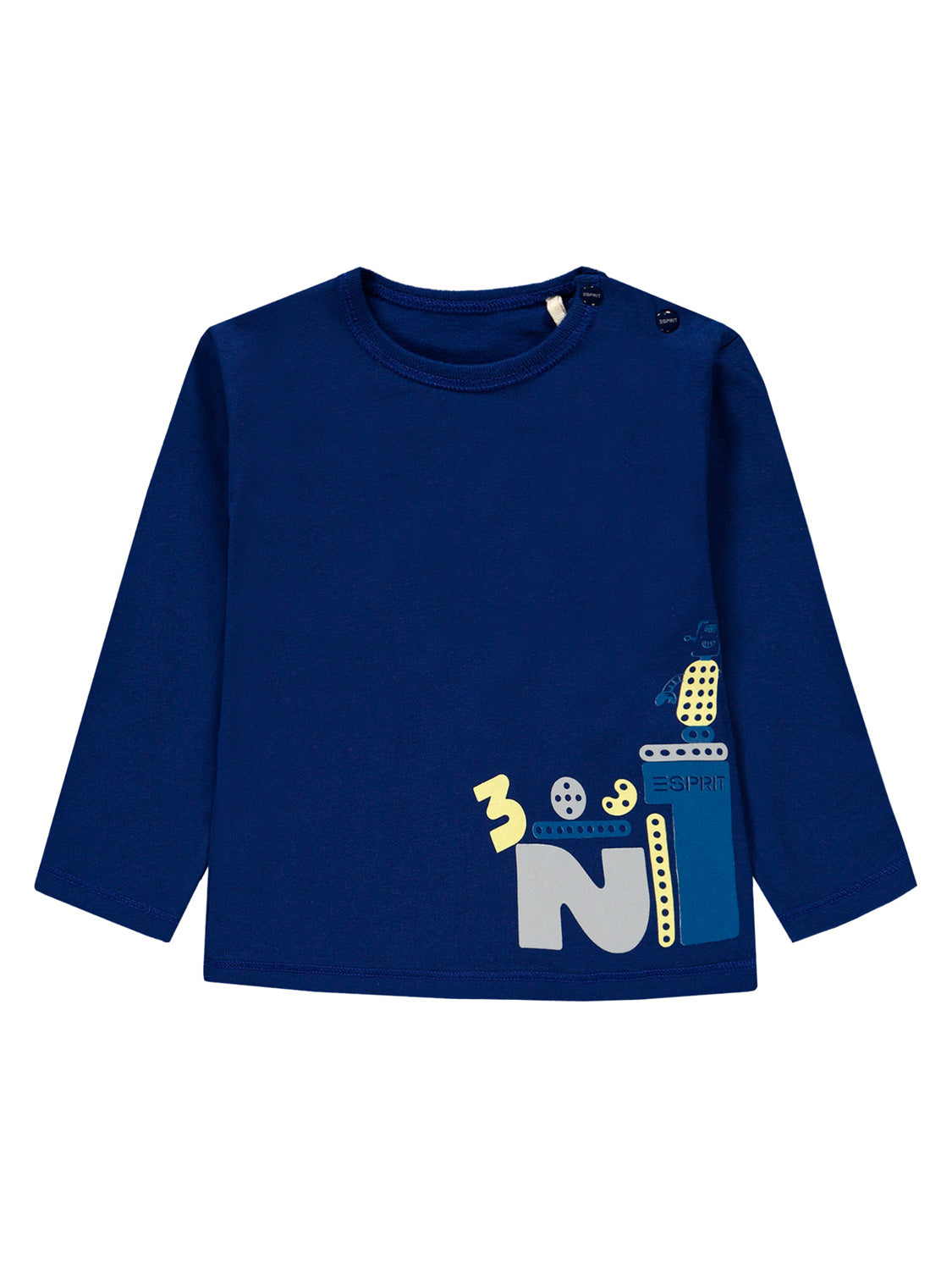 Langärmeliges Longsleeve Blau mit Druckknöpfen an der Schulter und einem verspielten Roboter-Print am Saum, ideal für kinderleichte Mode.
