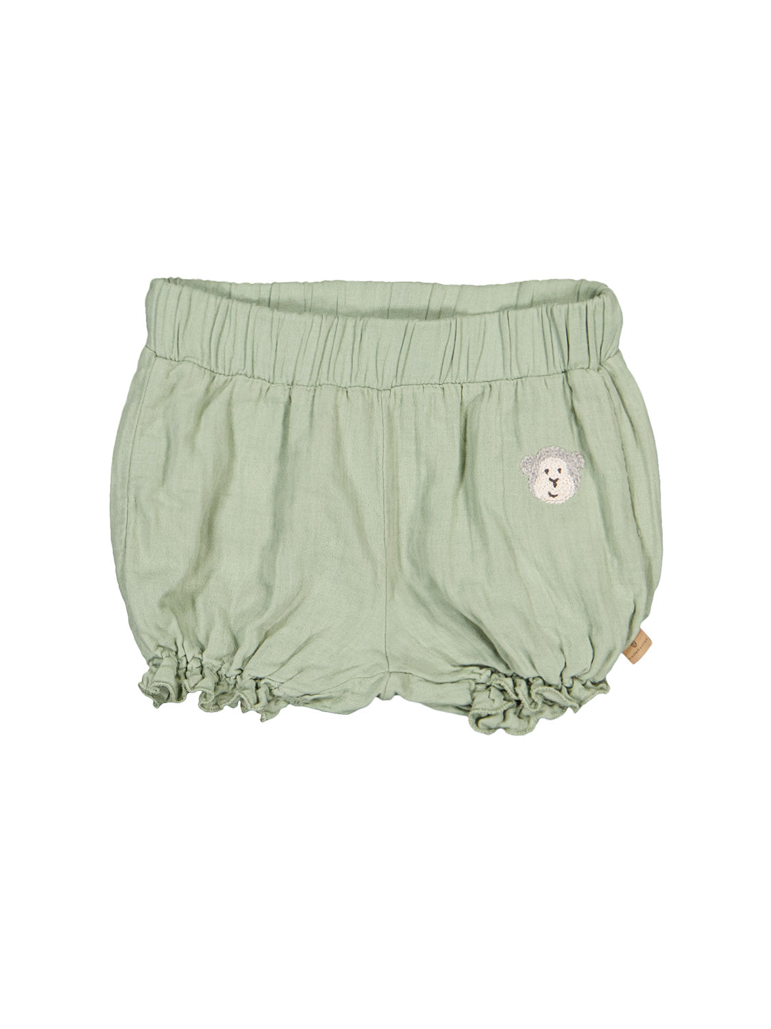 Shorts Mintgrün: Leicht grüne Baby-Bloomers mit elastischem Bund, gerafften Beinöffnungen und kleinem gesticktem Schafsgesicht-Detail, ideal für komfortable Babykleidung von bellybutton.