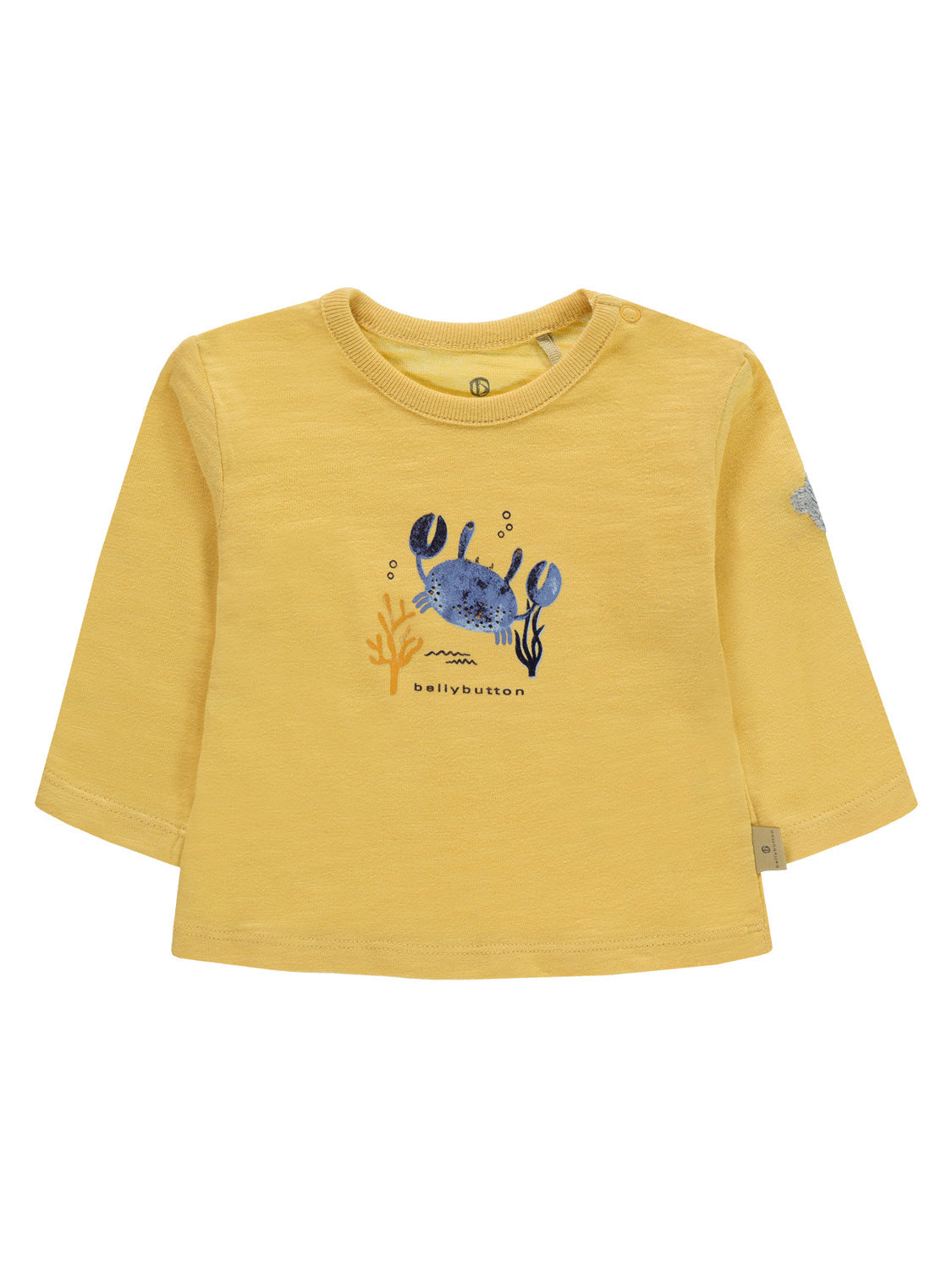 Langarmshirt Gelb mit stilisiertem blauen Krabbenmotiv und bellybutton-Schriftzug, Schulterknopfverschluss; ideal für Kleinkinder im Sortiment von bellybutton.