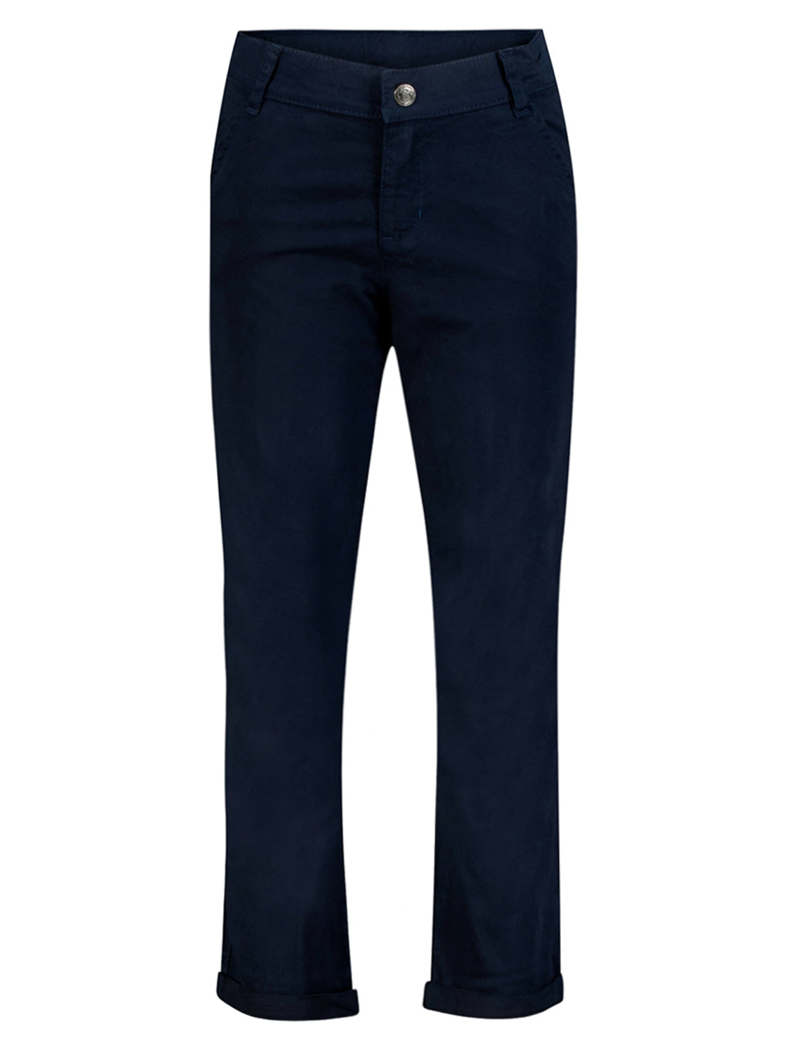 Chinohose Marineblau: Dunkelblaue, gerade geschnittene Chinos mit Umschlag am Saum, Gürtelösen, Knopf- und Reißverschluss, ideal für stilvolle Umstandsmode bei bellybutton.