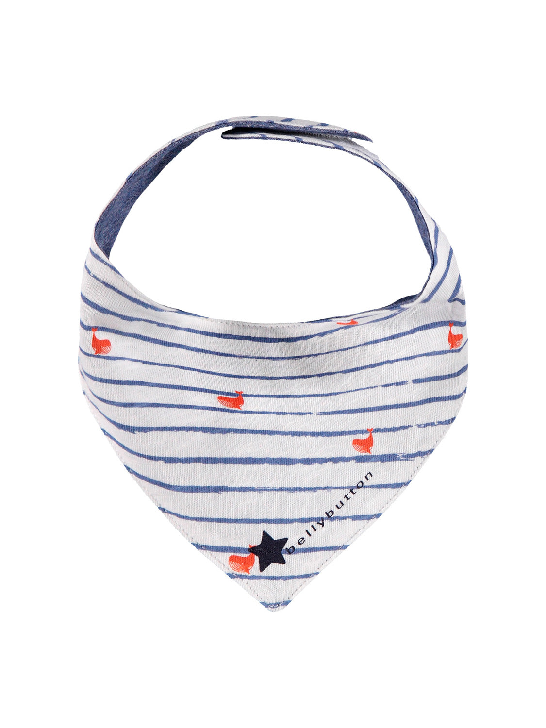 Schal Weiß: Dreieckiges Baby-Halstuch mit blauen Streifen, roten/orangen Wal-Motiven, schwarzem Stern und bellybutton-Schriftzug, verschließbar am Nacken.