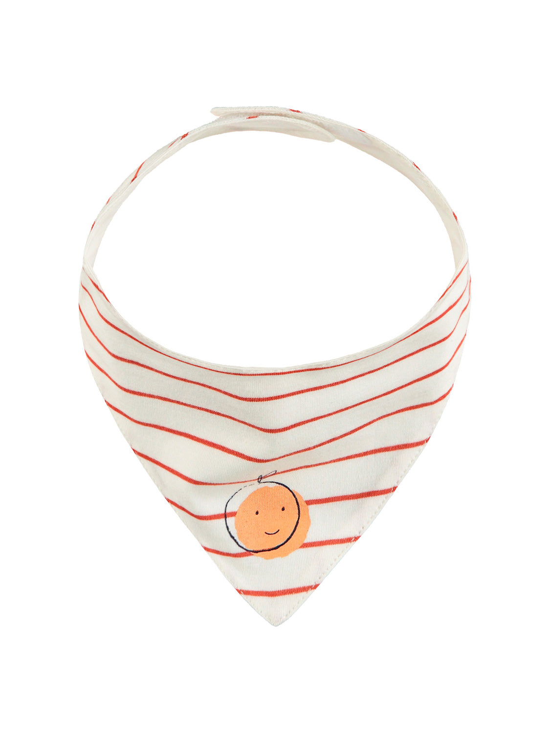 Schal Weiß: Dreieckiges Baby-Bandana-Lätzchen mit dünnen Streifen und einem lächelnden Fruchtmotiv. Ideal für Babys, einfach um den Hals zu befestigen.