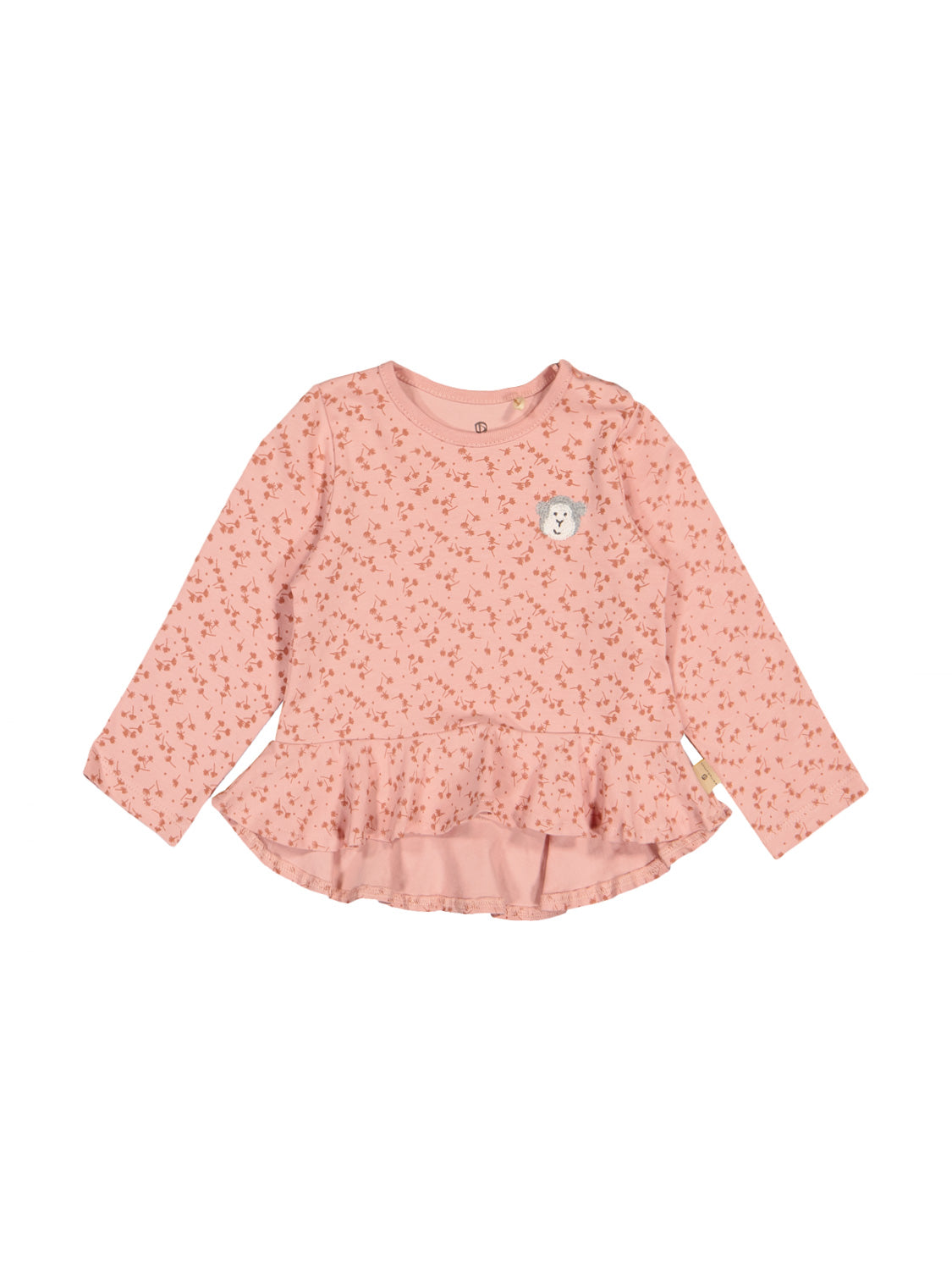 Langarmshirt Rosa mit sanftem Rüschensaum und gesticktem Tiergesicht auf der Brust, sanftes Blumenmuster. Perfekt für stilvolle Kinderbekleidung von bellybutton.