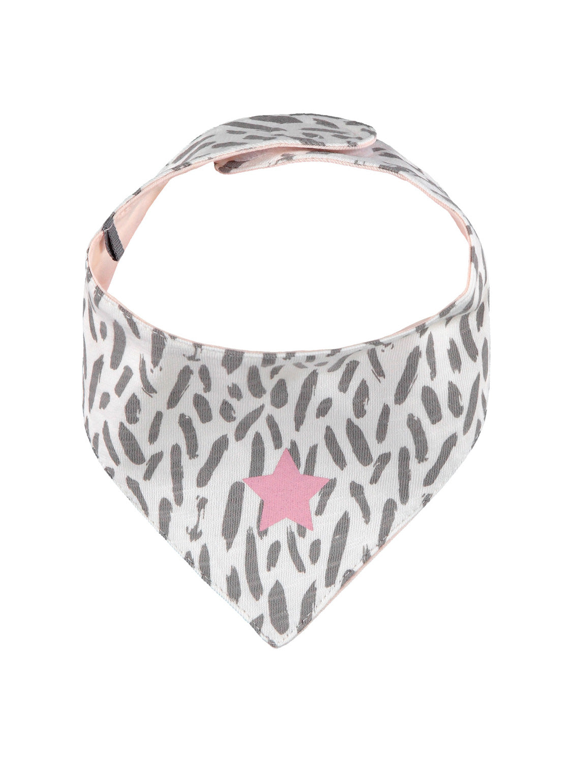 Schal Weiß: Dreieckiges Babylätzchen mit grauem Leopardenmuster und rosa Stern, schließt mit Stofflasche hinten. Perfekt für stilvolle Babymode von bellybutton.