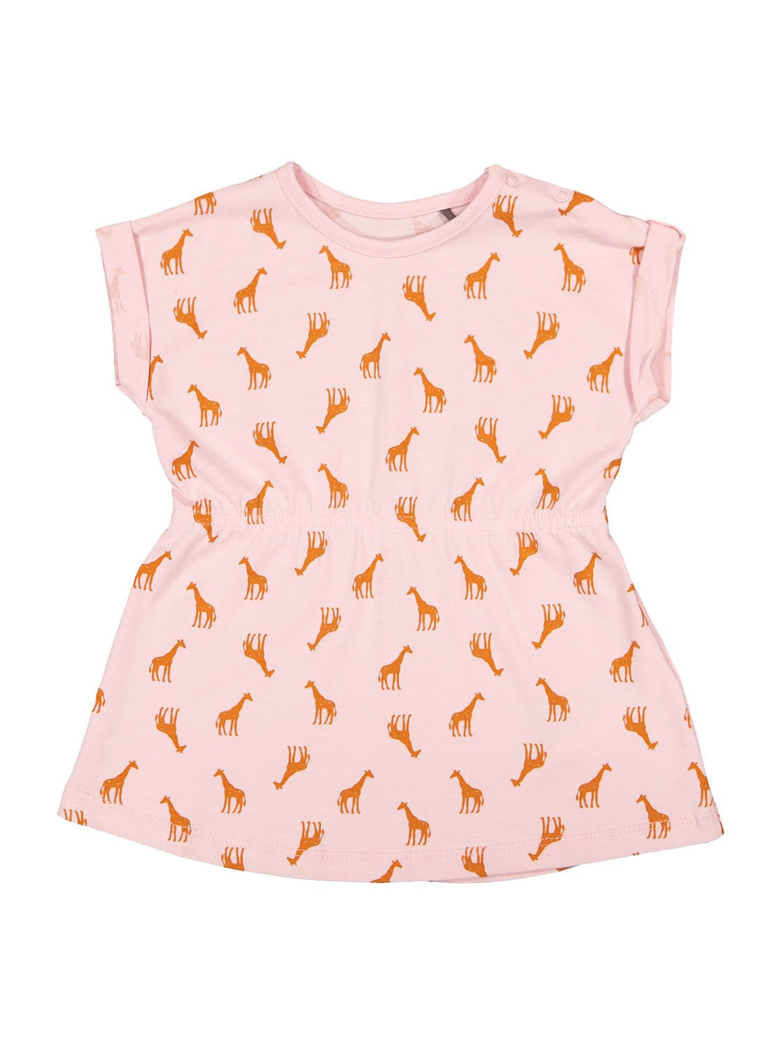 Kleid Animal Farm Rosa: Kurzärmeliges, sanft gerafftes Kinderkleid mit kleinem Giraffenmuster. Perfekt für modische Kleinkinder, erhältlich bei bellybutton, dem Experten für Babymode.
