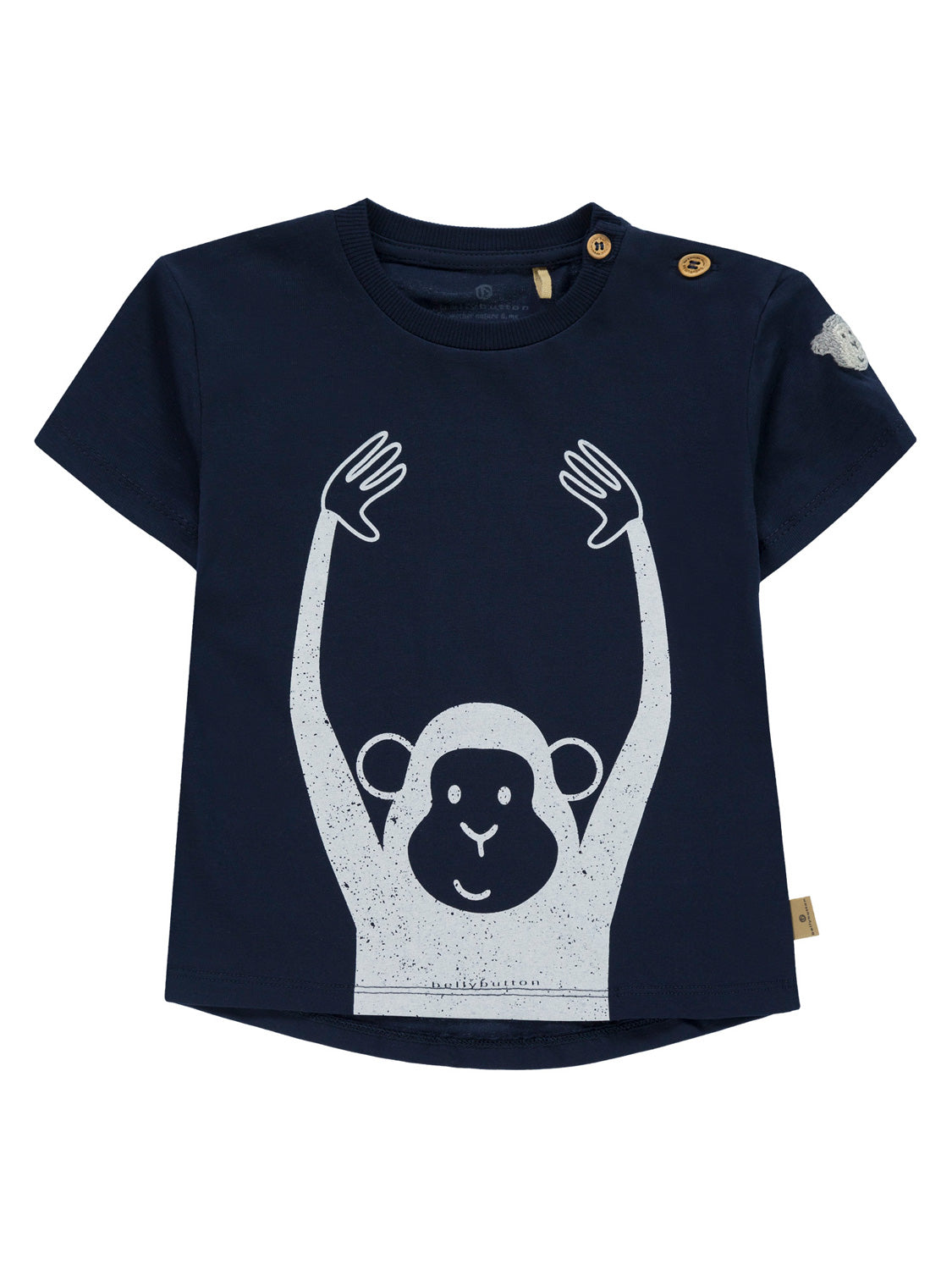 T-Shirt Marineblau mit hellem Affenmotiv, kurzen Ärmeln, geripptem Rundhalsausschnitt und Holzoptik-Knöpfen auf der Schulter, ideal für Kinder.