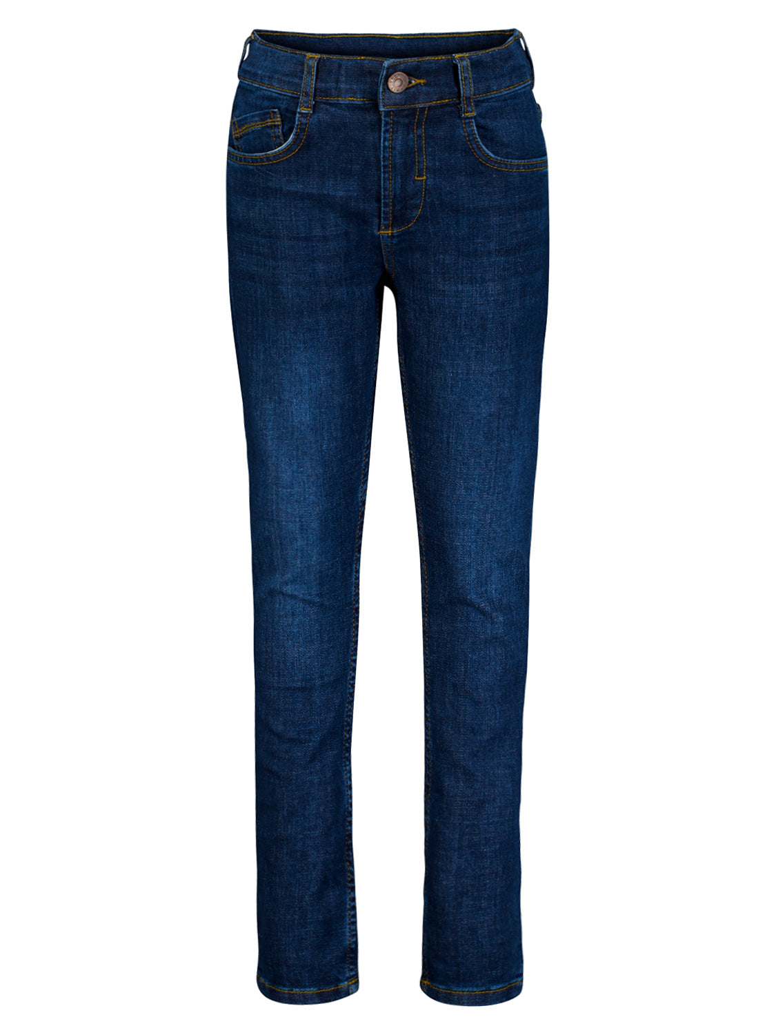 Jeans Marineblau von Esprit, schmal geschnittene, dunkle Denim-Jeans mit gelber Kontrastnaht, klassischem Fünf-Taschen-Stil und geradem Bein, ideal für modische Kinder- und Umstandsmode.