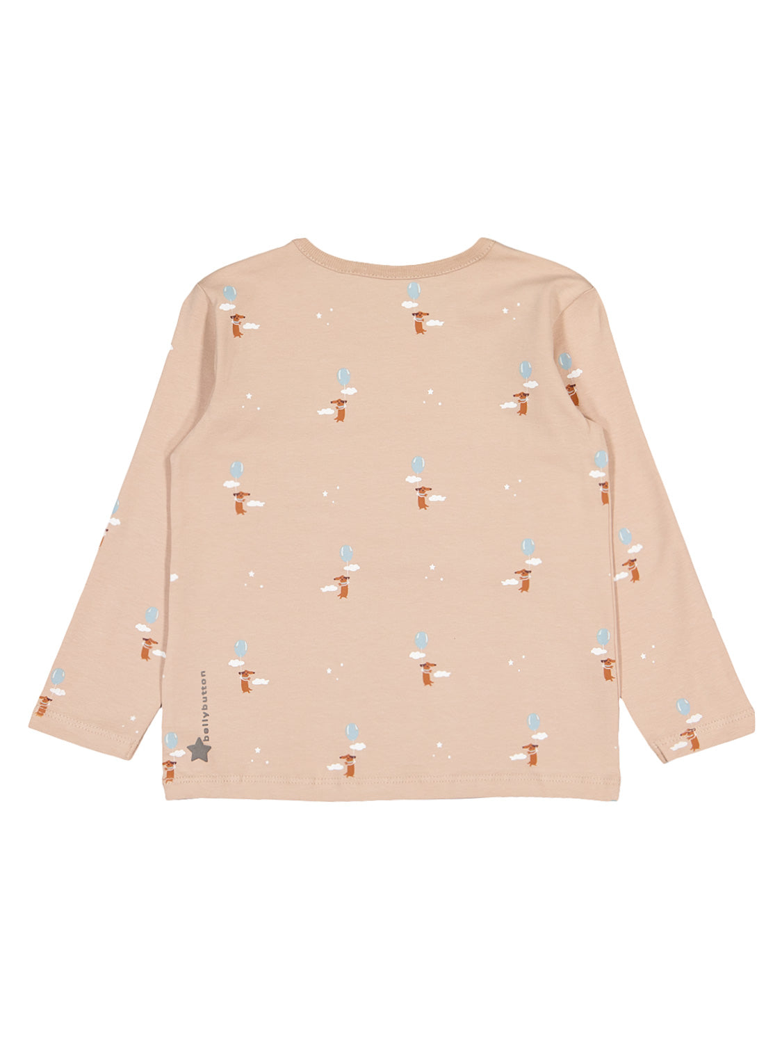 Langarmshirt Crazy Dog Beige mit niedlichen, braunen Cartoon-Tieren, die blaue Luftballons halten, und weißen Wolken. Markenname lollybutton am Saum sichtbar.