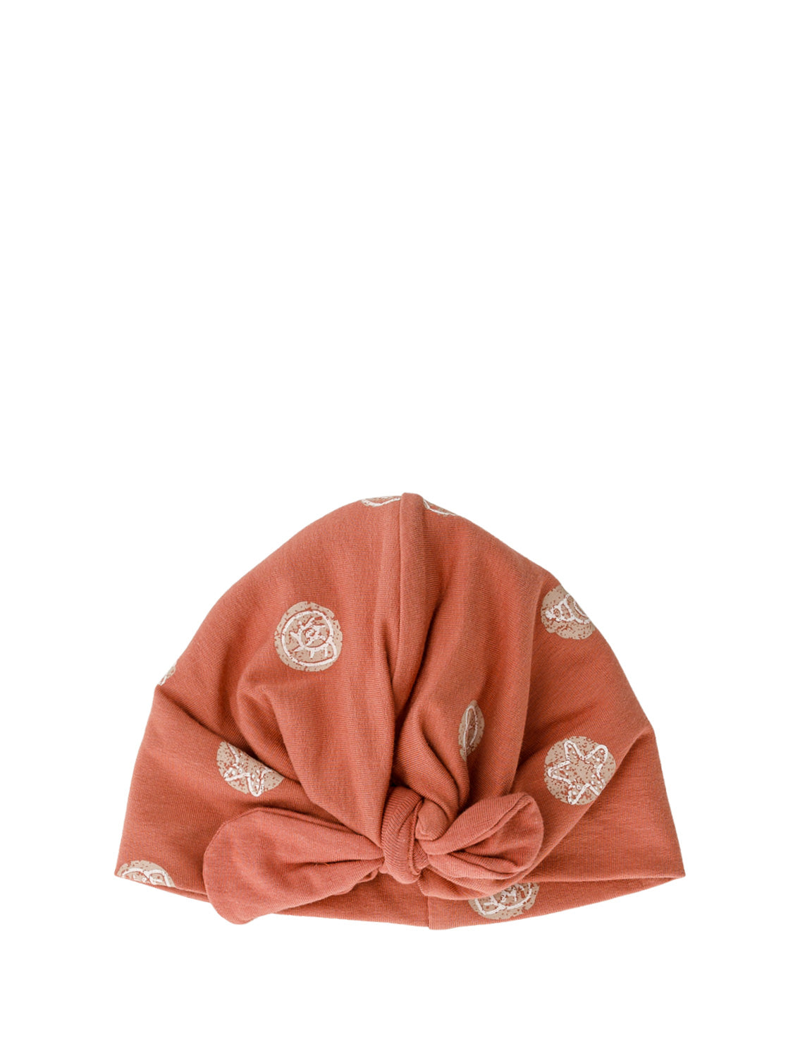 Weiches, rostfarbenes Turban-Beanie Beanie Lot of Shells Koralle mit Frontknoten, verziert mit dezenten Muschel- und Seesternmotiven, ideal für Babys und Kleinkinder.