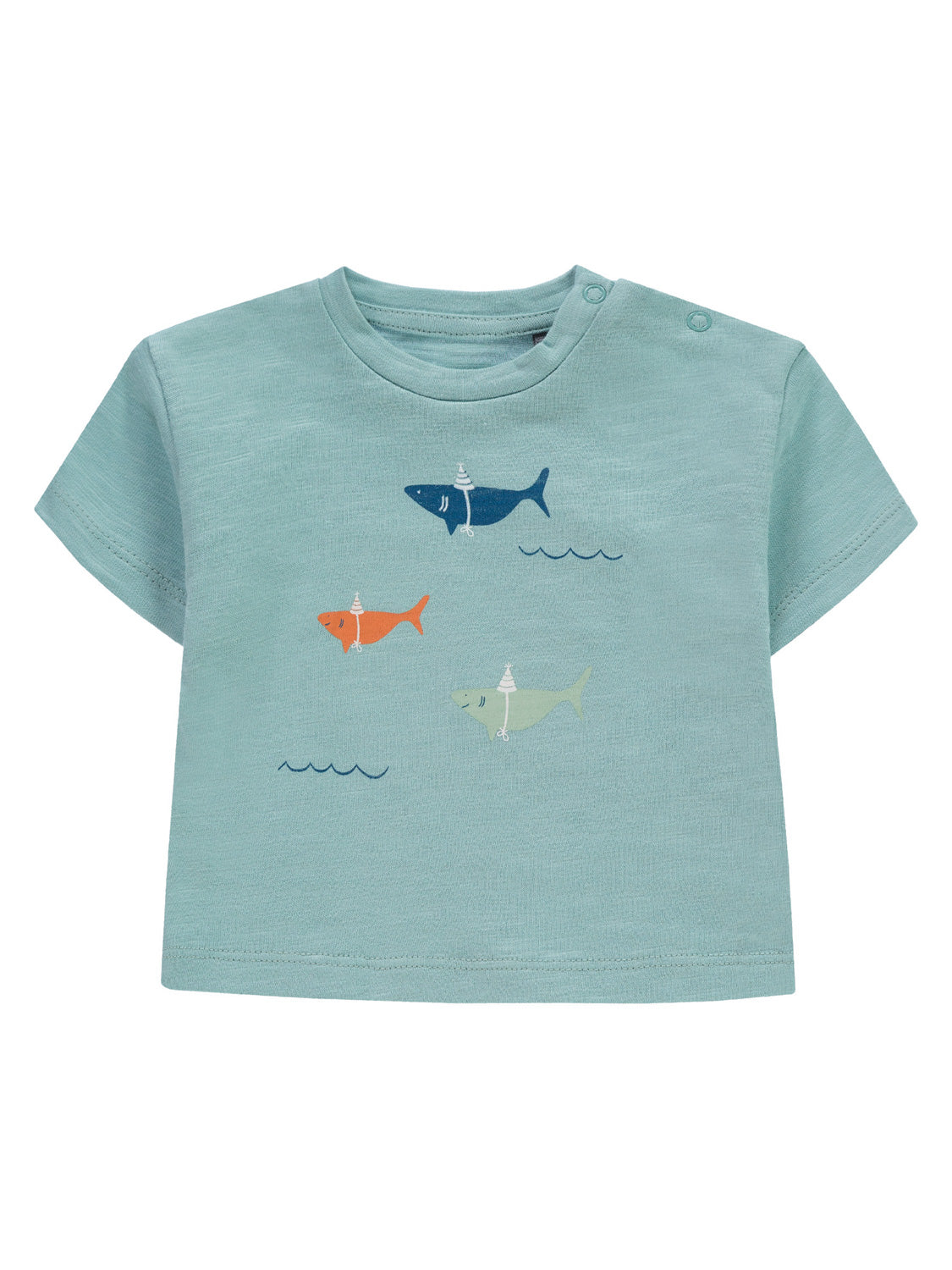Kinder T-Shirt Ocean Life Türkis mit drei Party-hütenden Haien und Schulterknöpfen, ideal für einfaches Anziehen. Perfekt für den fröhlichen Alltag kleiner Entdecker.