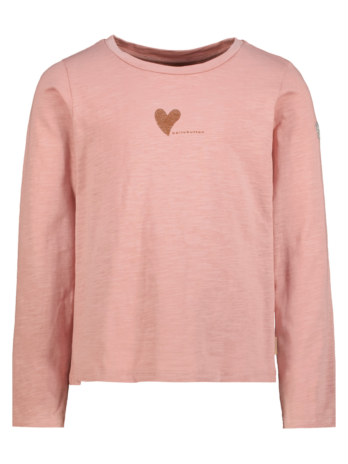 Longsleeve Rosa: Ein einfaches, langärmeliges, rosa T-Shirt mit einem glitzernden Herz und dem Schriftzug „bellybutton“ auf der Brust.