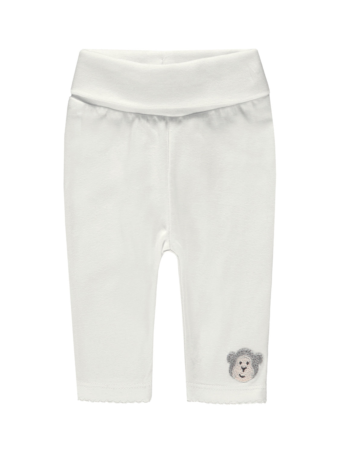 Leggings Cremeweiß für Babys mit breitem Umschlagbund und kleinem, gesticktem Teddybärgesicht am Saum. Ideal für bequeme und stilvolle Babymode von bellybutton.