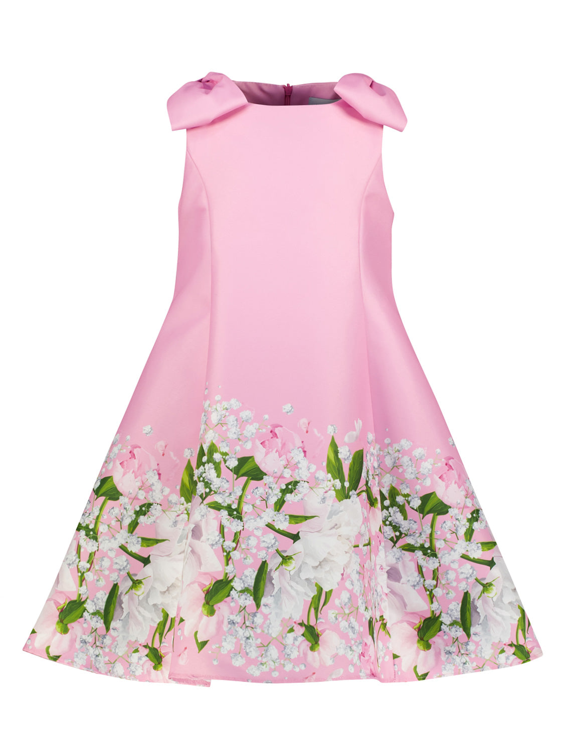 Ärmelloses Kleid Rosa in A-Linie von Mama Luma, mit Schleifen-Tucks an den Schultern und einem floralen Saum aus weißen und rosafarbenen Blüten.