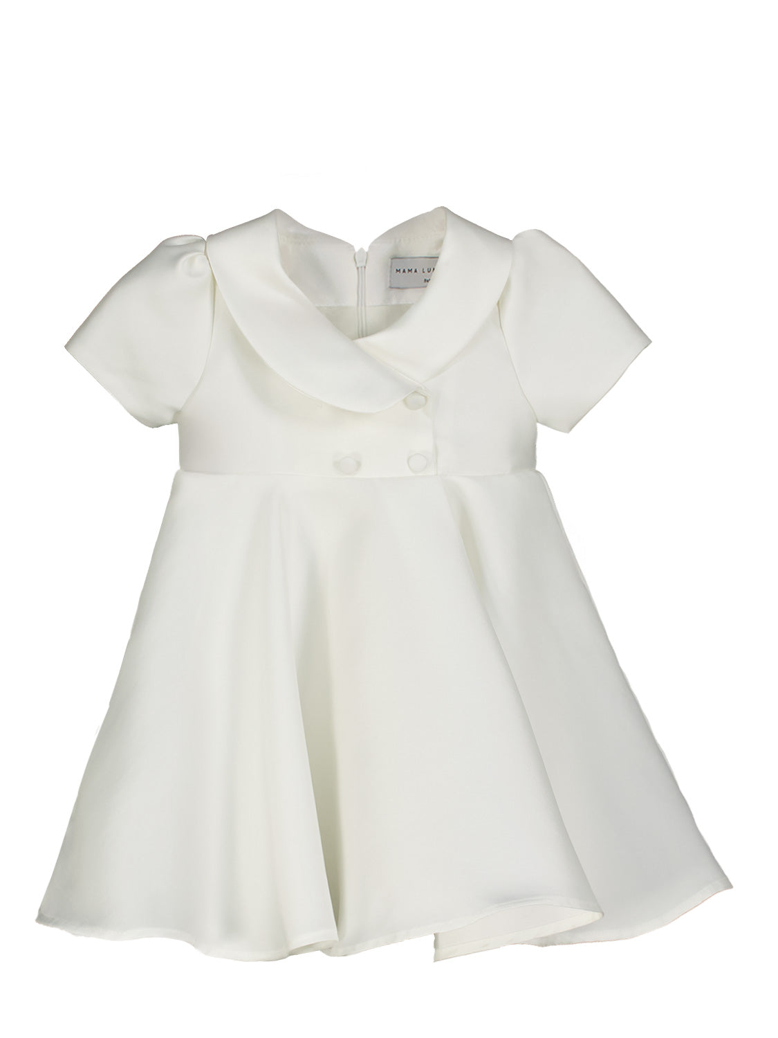 Kleid Weiß: Ein zartweißes, kurzes Kinderkleid mit doppelreihigem Oberteil, Peter-Pan-Kragen und leicht ausgestelltem Rock, ideal für besondere Anlässe von Mama Luma.