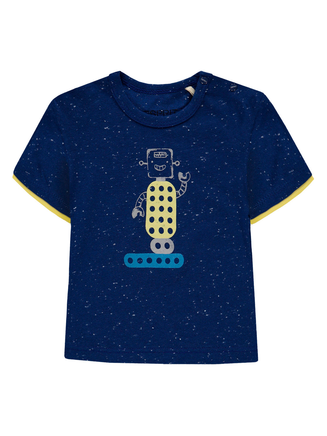 T-Shirt Blau für Kinder, aus Baumwolljersey mit dezenter Noppenstruktur, zeigt ein verspieltes Roboter-Motiv vorne, mit gelbem Besatz an den Ärmeln und Druckknopfverschluss an der Schulter.