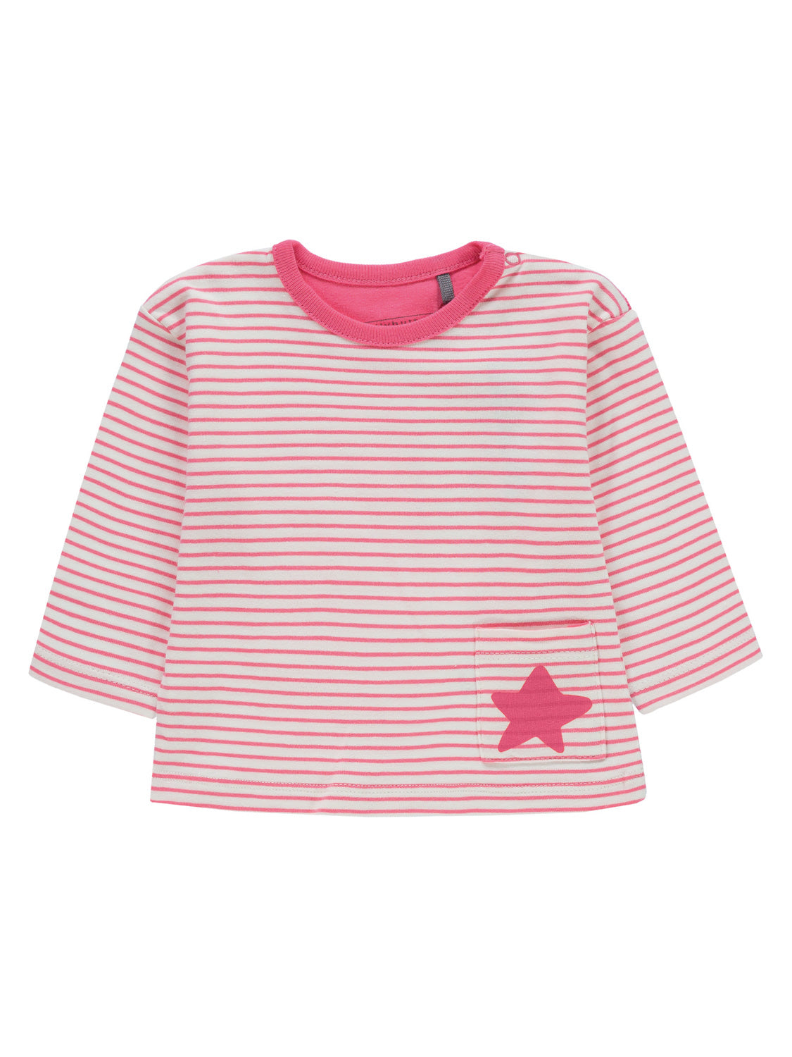 Langärmliges Kinder-Shirt Longsleeve Rosa mit feinen Streifen und einer kleinen Tasche mit einem Stern-Applikation. Perfekt für stilvolle Kinderbekleidung von bellybutton.