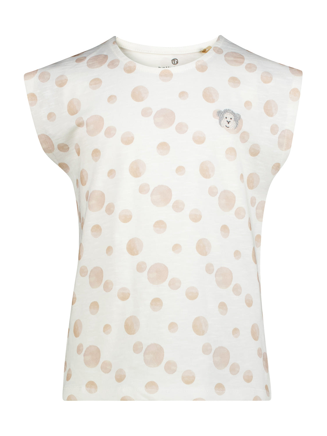 T-Shirt Cremeweiß mit beige/taupe Polka Dots und kleinem gestickten Schafkopf auf der linken Brust. Kurzarm mit leichtem Cap-Sleeve-Stil und Rundhalsausschnitt.