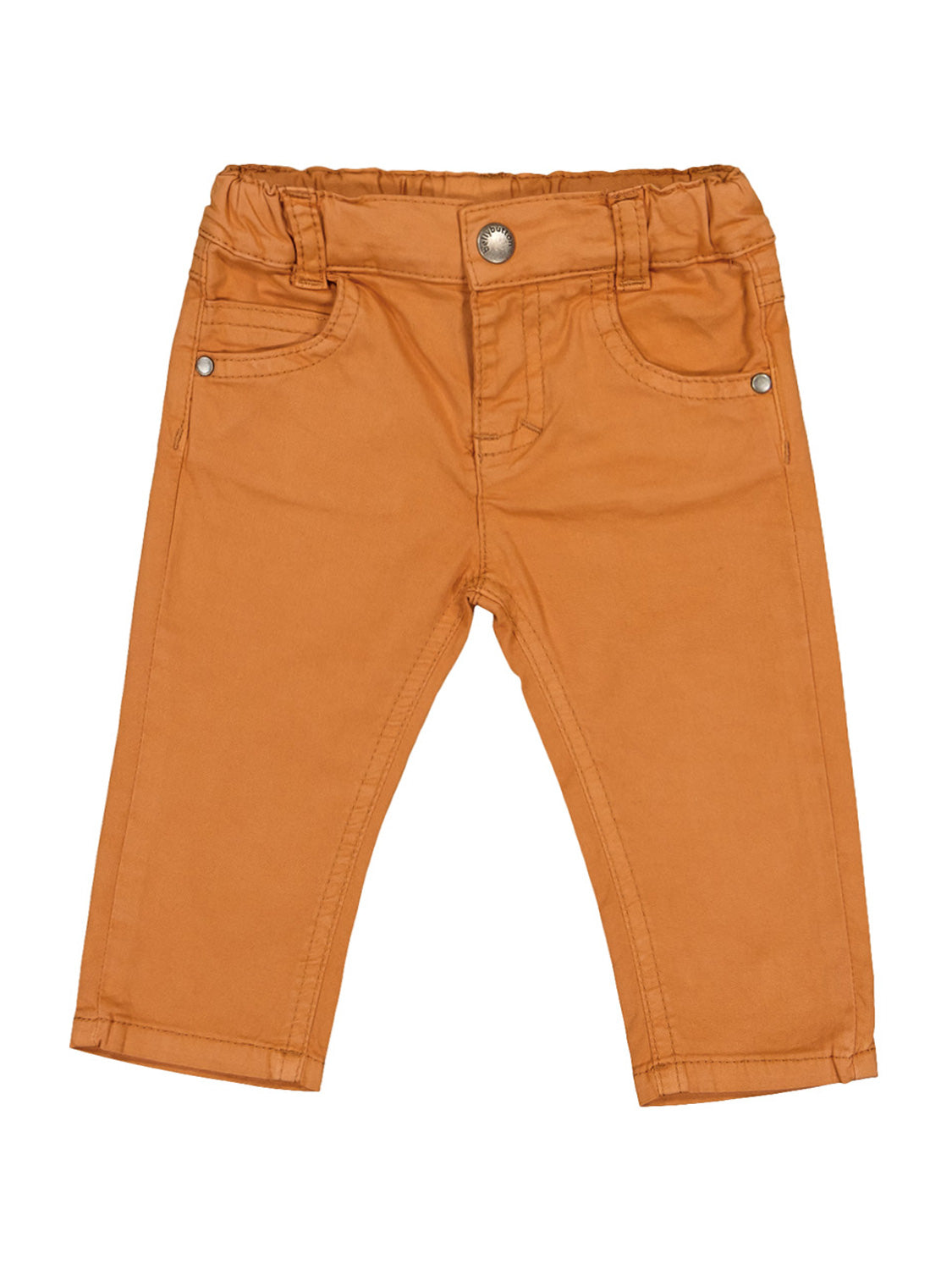 Chinohose Crazy Dog Orange: Kinderhose in Baby-/Kleinkindgröße, rustfarben, im Chino-Stil mit elastischem Bund und Fake-Knopfleiste, ideal für bequemen und stilvollen Auftritt.