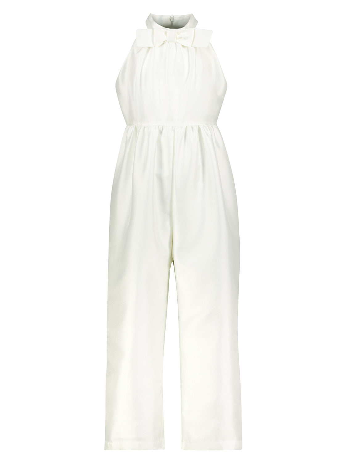 Ein minimalistischer Overall Weiß von Mama Luma mit ärmellosem Haltertop, dekorativer Schleife am Hals und elastischer Taille, perfekt für einen eleganten Sommerlook.
