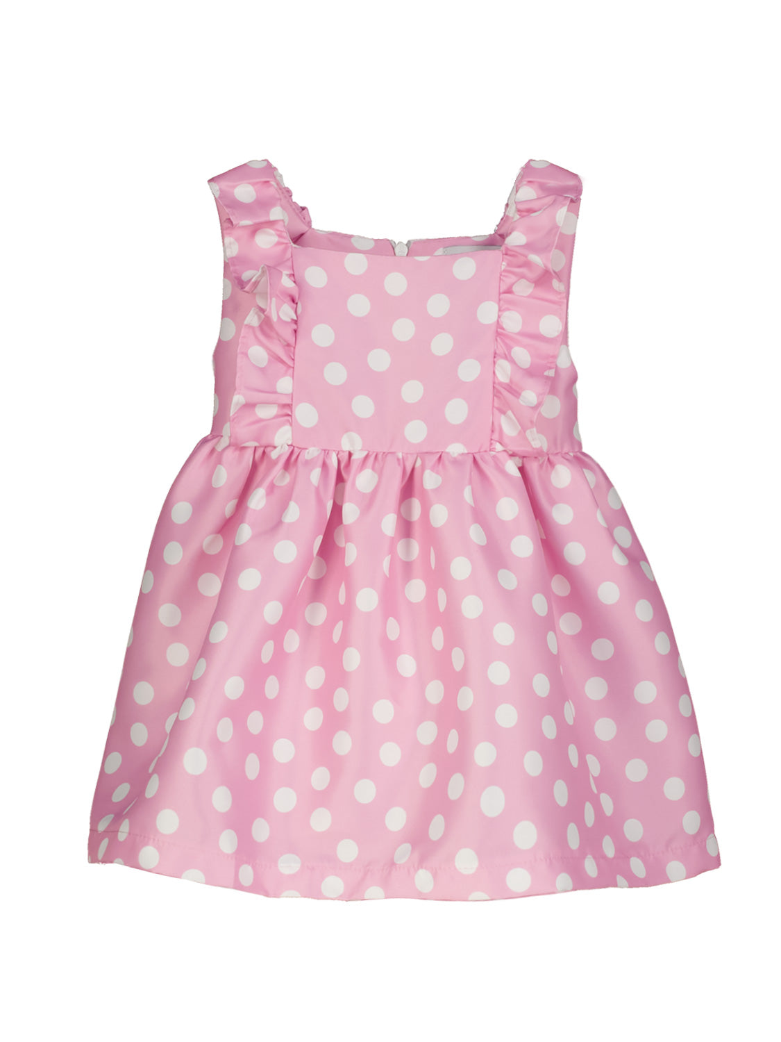 Kleid Rosa: Ärmelloses, gepunktetes Sommerkleid mit quadratischem Ausschnitt, Rüschen-Trägern und gerafftem Rock, von der kalifornischen Marke Mama Luma, perfekt für warme Tage.