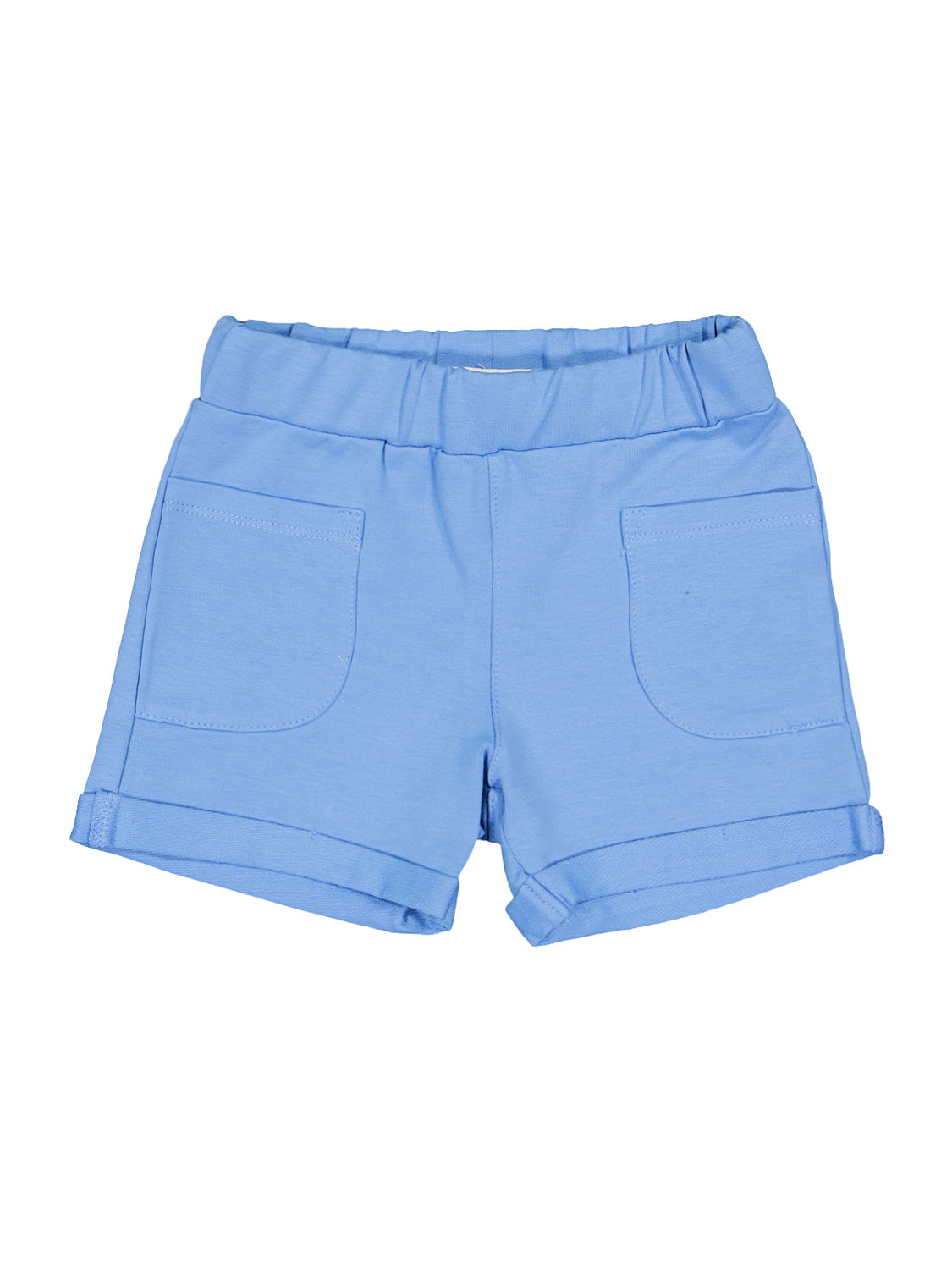 Sweatshorts Hellblau für Kinder, mit elastischem Bund, zwei Fronttaschen und kleinen umgeschlagenen Säumen, ideal für bequeme Alltagskleidung aus der Bellybutton-Kollektion.