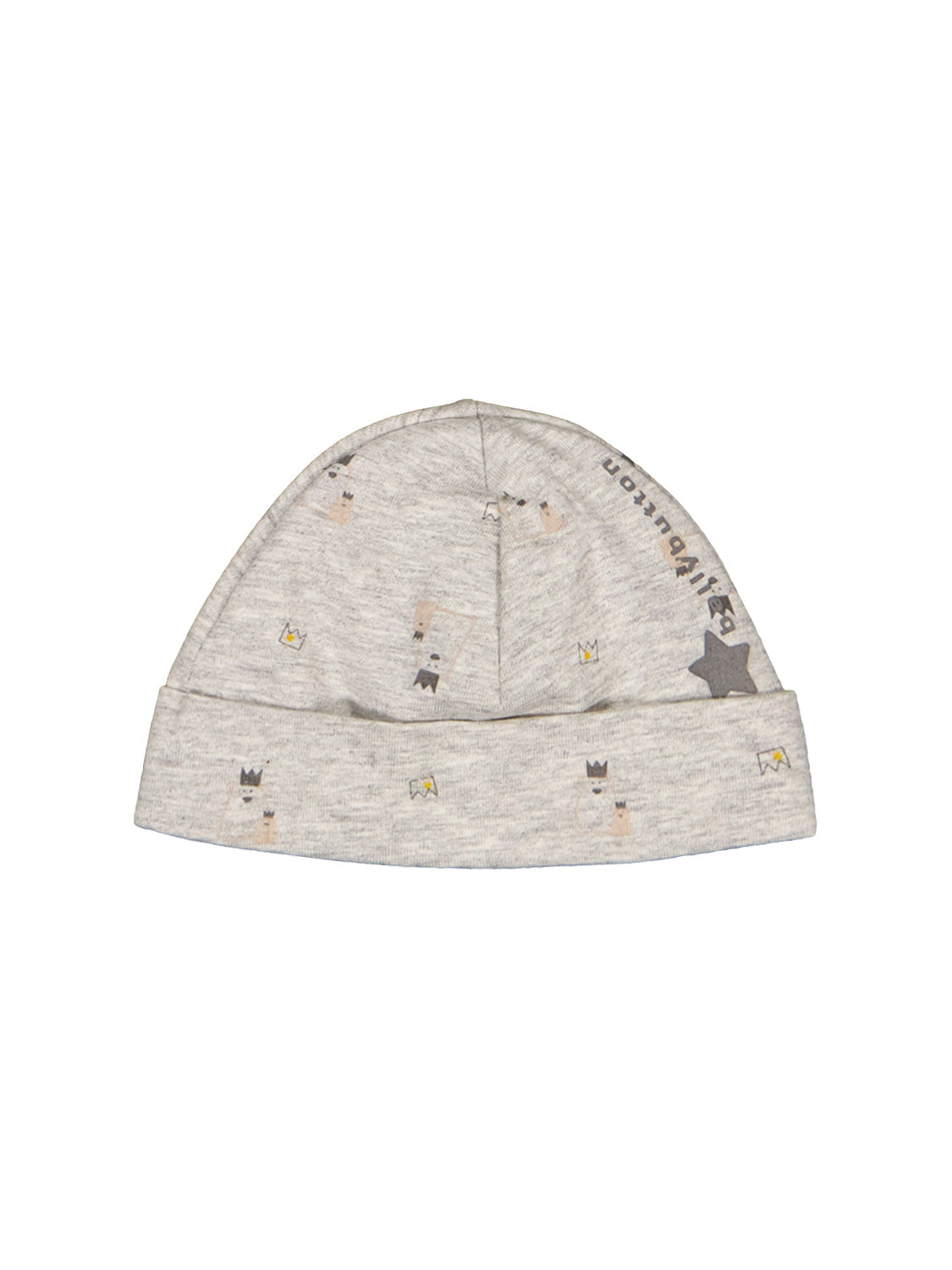 Beanie Grau: Weiche, umgeschlagene Baby-Mütze mit niedlichen Krönchen- und Tiergesichtern, seitlich mit grauem Stern und babybillion-Aufschrift.