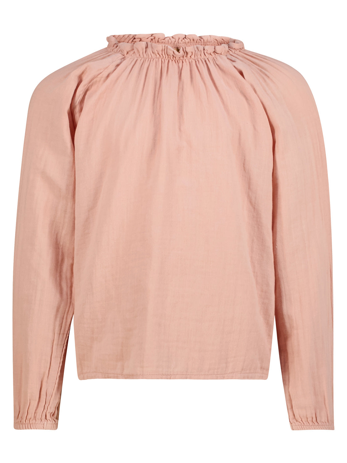 Bluse Apricot: Locker sitzende, langärmelige Bluse mit gesmoktem Kragen und elastischen Ärmelbündchen, ideal für einen luftigen, entspannten Look.