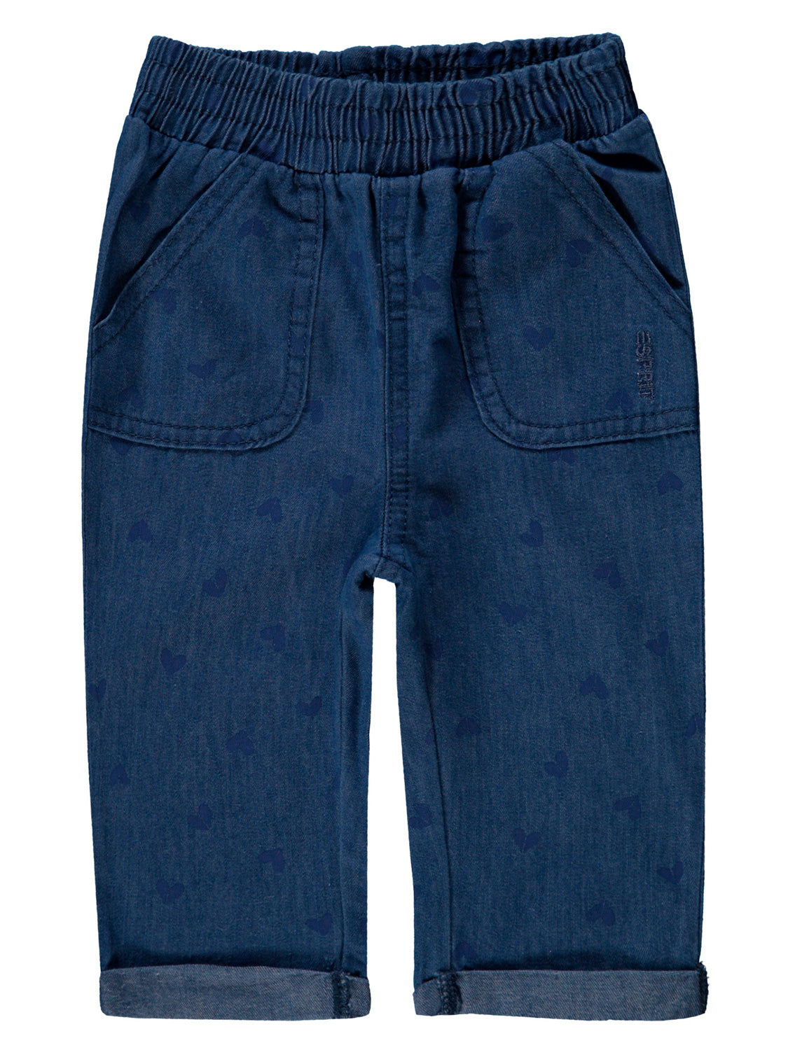Hose Blau: Kinderjeans mit elastischem Bund, vorderen Taschen und umgeschlagenen Säumen, verziert mit zartem Herzmuster, ideal für bequeme Alltagskleidung.