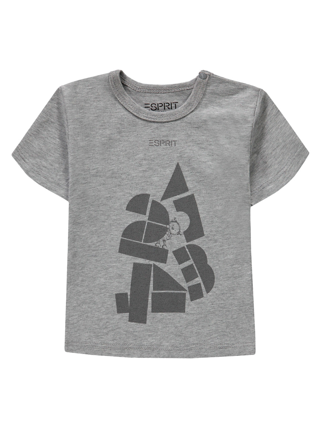 Esprit Kinder T-Shirt Grau mit rundem Ausschnitt, Druckknopf an der Schulter und dunkelgrauem geometrischem Print, inklusive kleinem Teddy-Illustration, doppelt ESPRIT-Logo über dem Print.