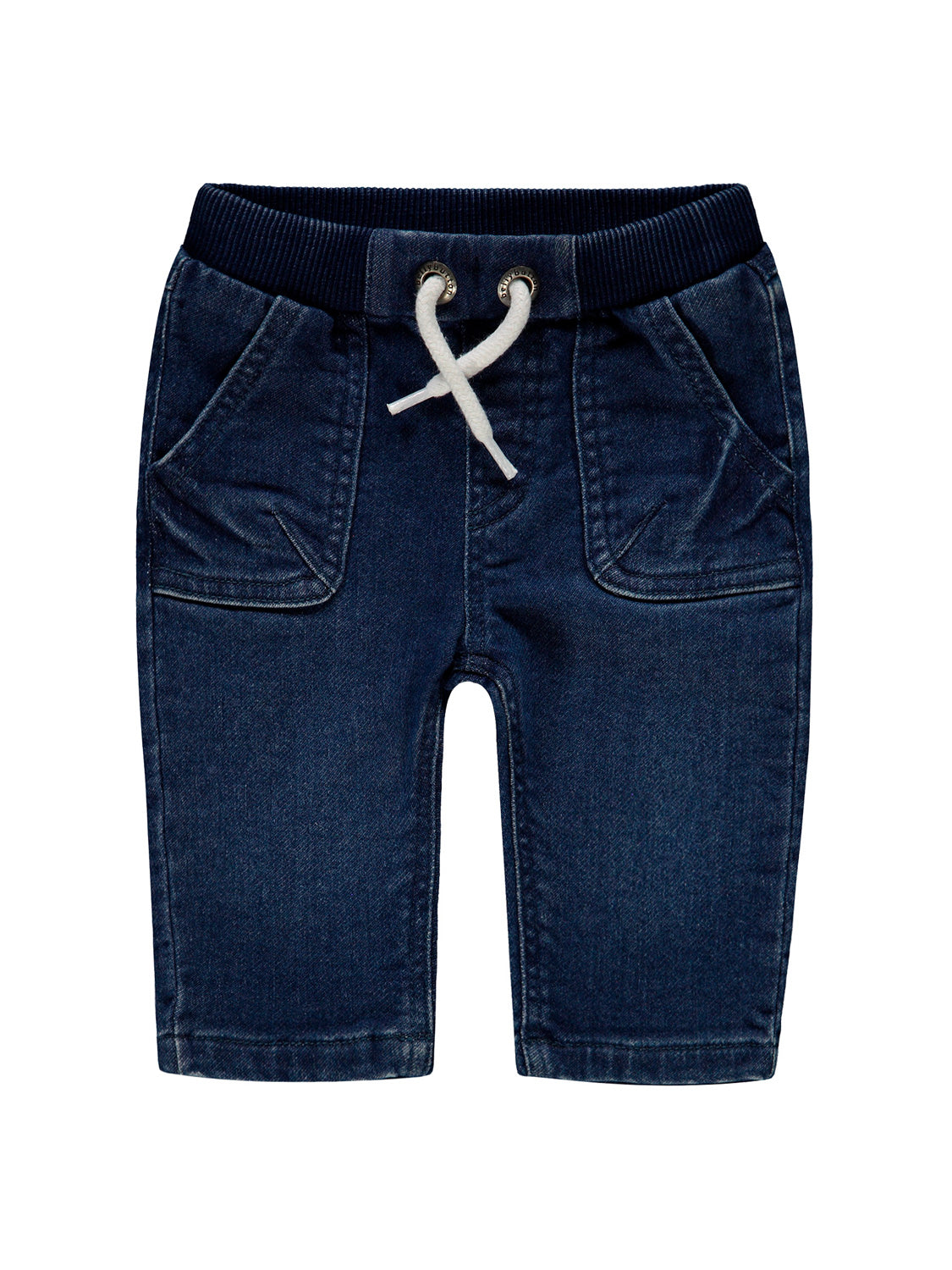 Jeans Marineblau: Dunkelblaue Kleinkind-Joggerjeans mit geripptem elastischem Bund, weißem Kordelzug und geraden Beinen, ideal für stilvolle Kindermode von bellybutton.