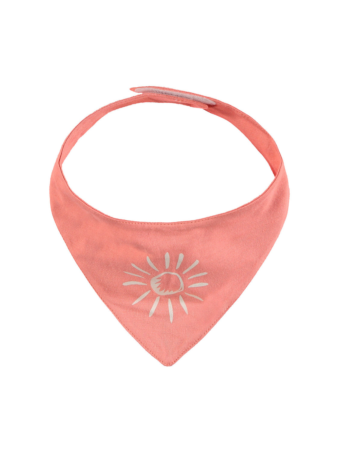 Schal Koralle: Dreieckiges, korallenfarbenes Bandana-Bib mit weißem Sonnenmotiv in der Mitte, ideal für Babys, mit Klettverschluss am Nacken. Perfekt für stilvolle Kindermode von bellybutton.