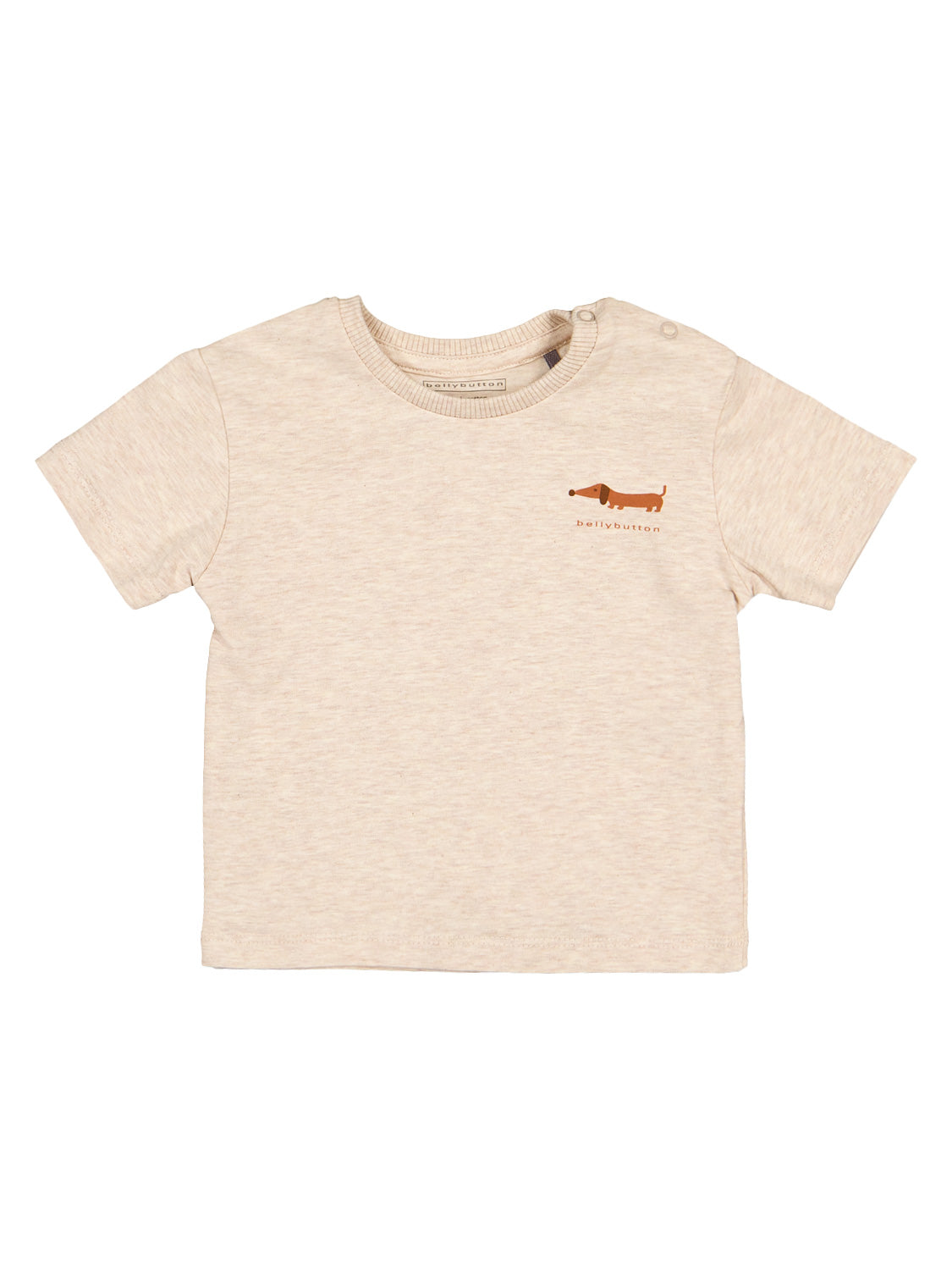 T-Shirt Beige für Kleinkinder mit Dackel-Grafik und bellybutton-Schriftzug auf der Brust. Zwei Druckknöpfe an der Schulter erleichtern das An- und Ausziehen.