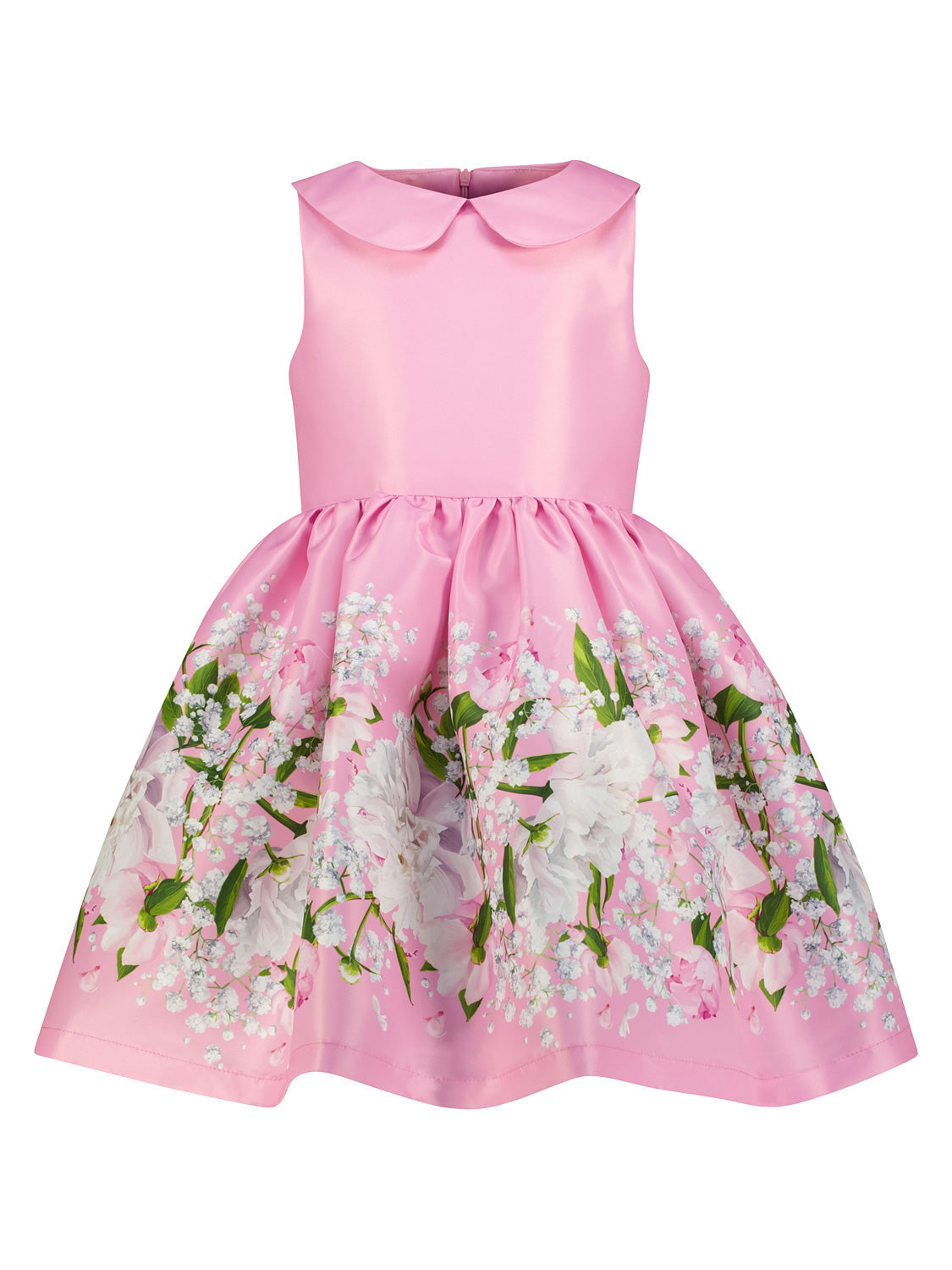 Kleid Rosa: Ärmelloses, knielanges Kleid mit Peter Pan Kragen, Satin-Oberteil, geblümtem Rock von Mama Luma, perfekt für stilvolle Sommeranlässe bei bellybutton.