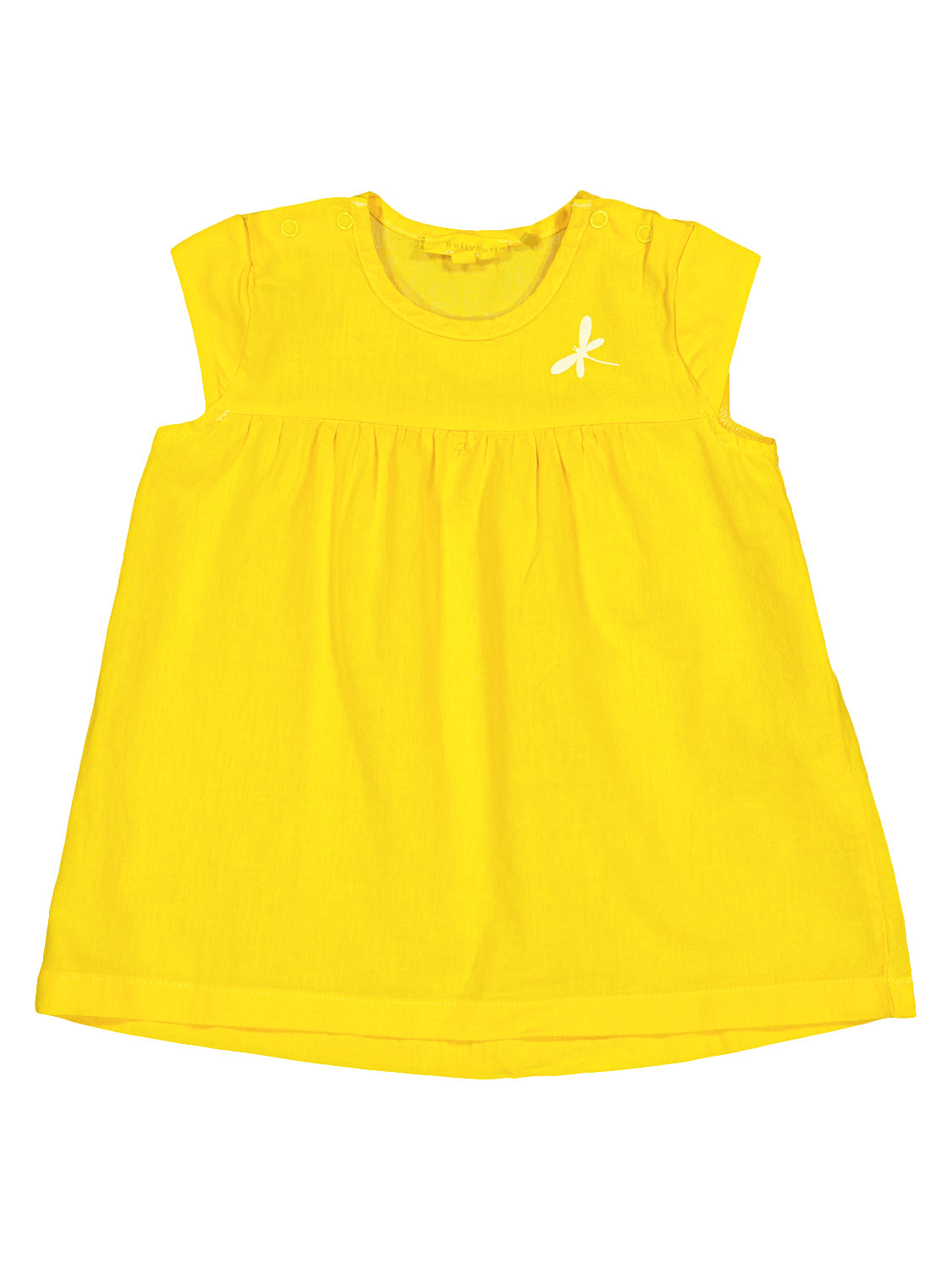 Kleid Summer Spirit Gelb: Einfaches gelbes Baby-/Kleinkind-Top mit Rundhalsausschnitt, Druckknöpfen an den Schultern, kurzen Ärmeln, Empire-Taille und kleinem weißen Libellen-Print auf der Brust.