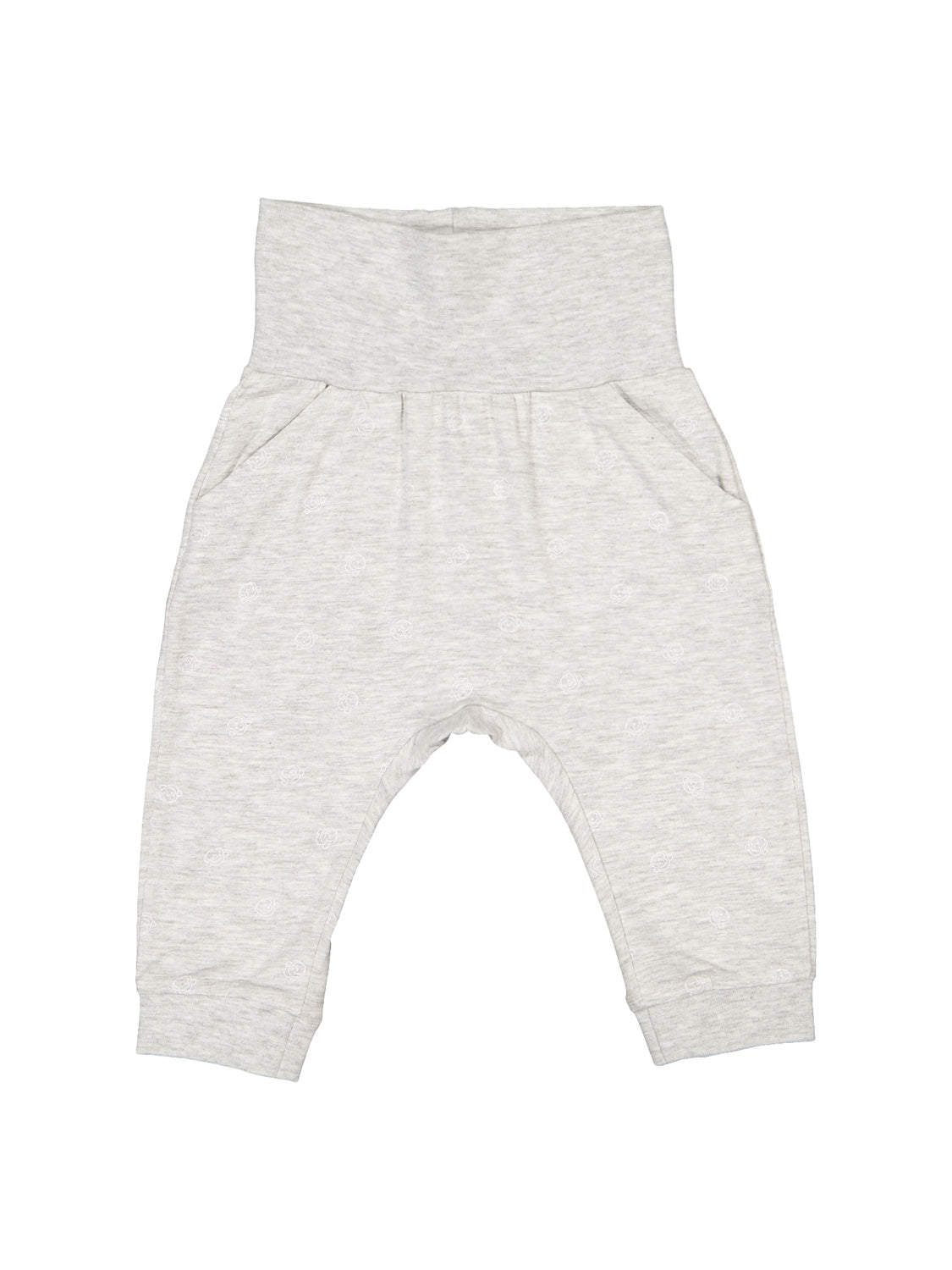 Jogginghose Grau für Babys mit weitem Umschlagbund, seitlichen Eingrifftaschen, tiefem Schritt und eng anliegenden Bündchen, ideal für Komfort und Stil aus dem bellybutton-Shop.