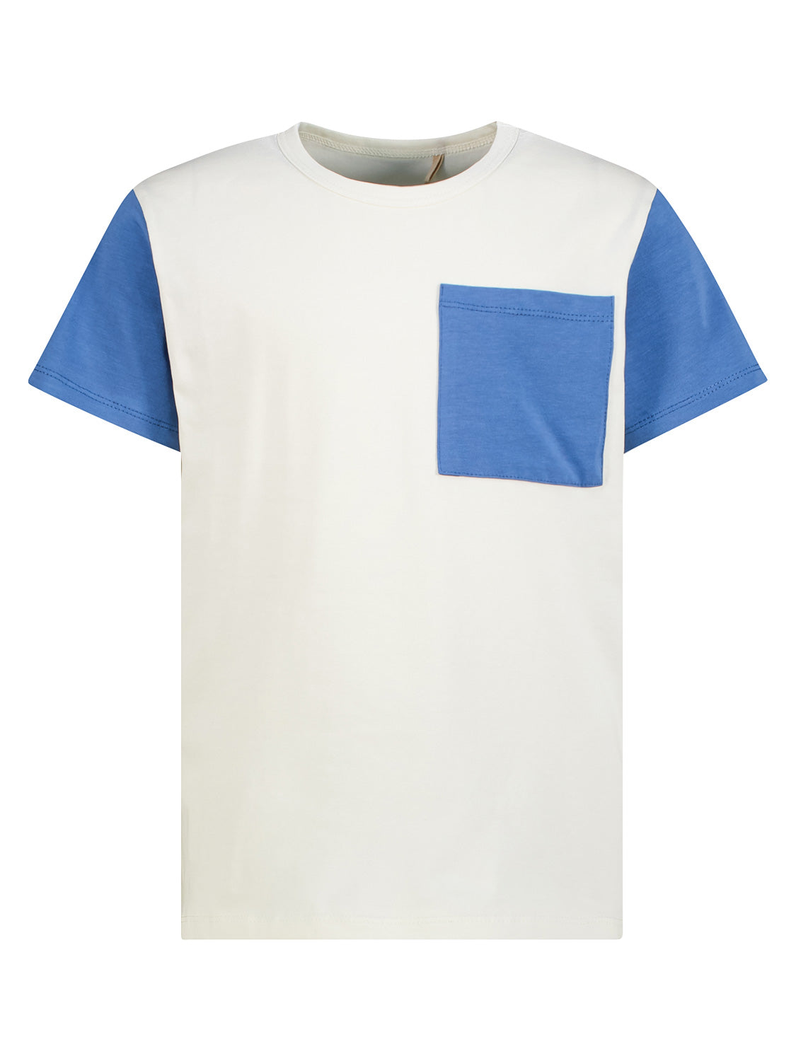 T-Shirt Cremeweiß mit kurzen Ärmeln, farblich abgesetztem Design, in Off-White mit mittelblauen Ärmeln und Brusttasche, ideal für Kinder.